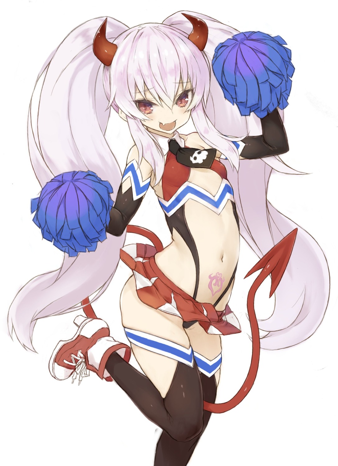cheerleader, heels, horns, leotard, no_bra, ryo_(tg290), tattoo, thighhighs