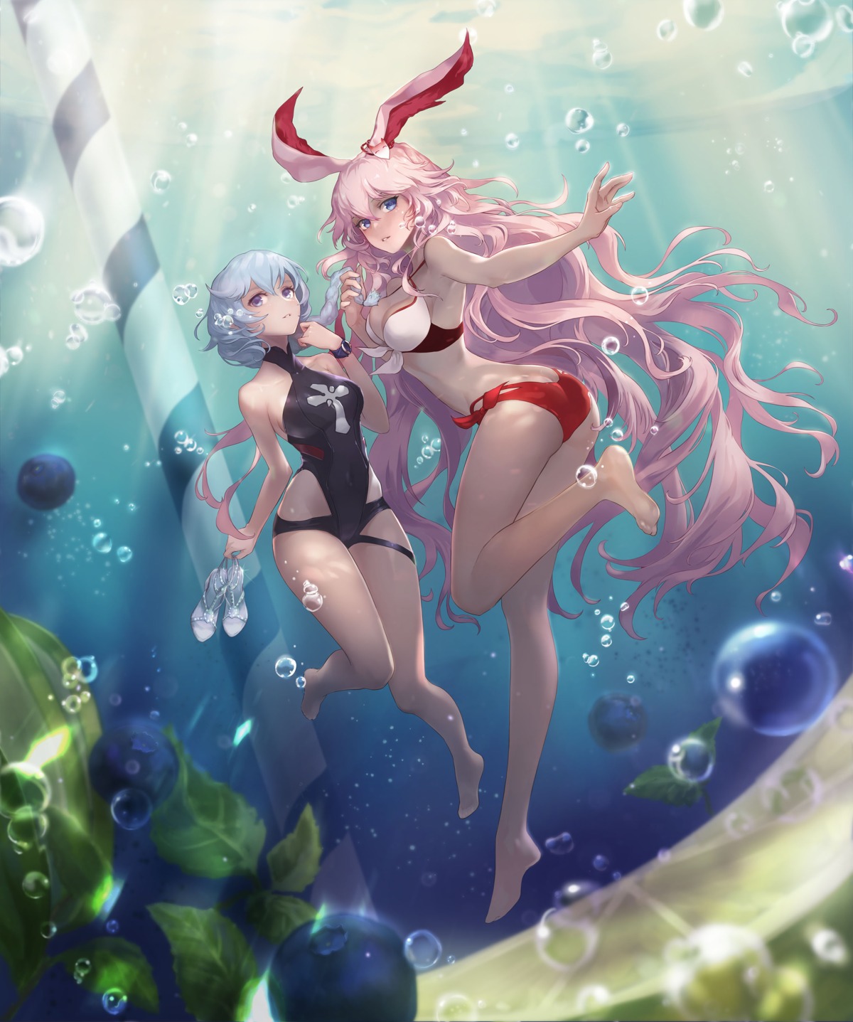 animal_ears, ass, benghuai_xueyuan, bikini, bunny_ears, cleavage, kallen_kaslana, ku99_(kugugu), swimsuits, yae_sakura_(benghuai_xueyuan)