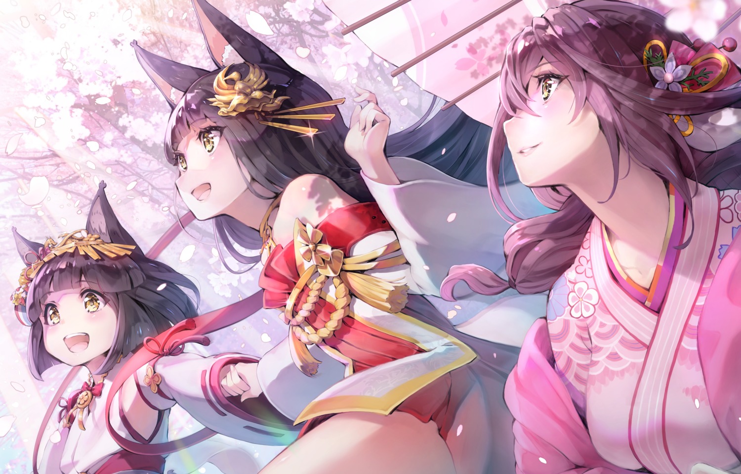 animal_ears, azur_lane, hoshizaki_reita, japanese_clothes, mikasa_(azur_lane), mutsu_(azur_lane), nagato_(azur_lane), umbrella
