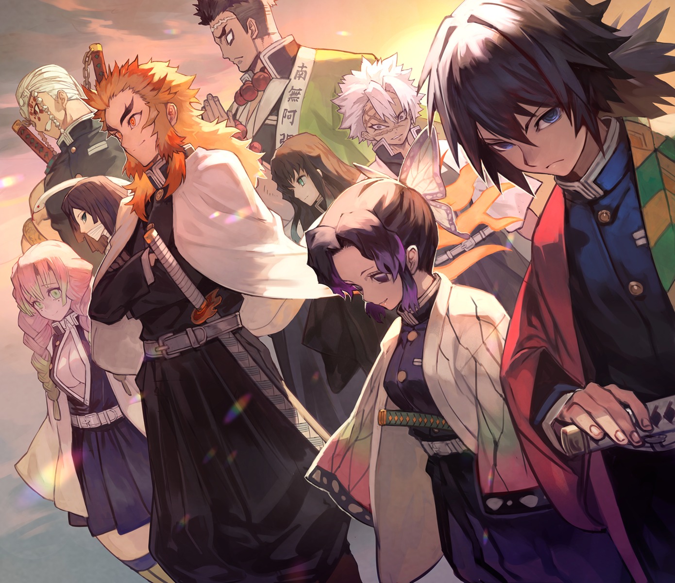 bandages, himejima_gyoumei, iguro_obanai, japanese_clothes, kaburamaru, kanroji_mitsuri, kimetsu_no_yaiba, kochou_shinobu, lack, rengoku_kyoujurou, shinazugawa_sanemi, sword, thighhighs, tokitou_muichirou, tomioka_giyuu, uzui_tengen