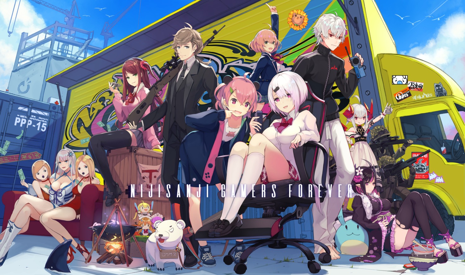 akabane_youko, business_suit, chibi, cleavage, dress, gun, heels, honma_himawari