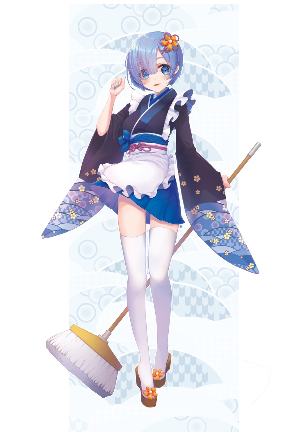 jii_dayday, maid, re:zero_kara_hajimeru_isekai_seikatsu, rem_(re_zero), skirt_lift, thighhighs, wa_maid