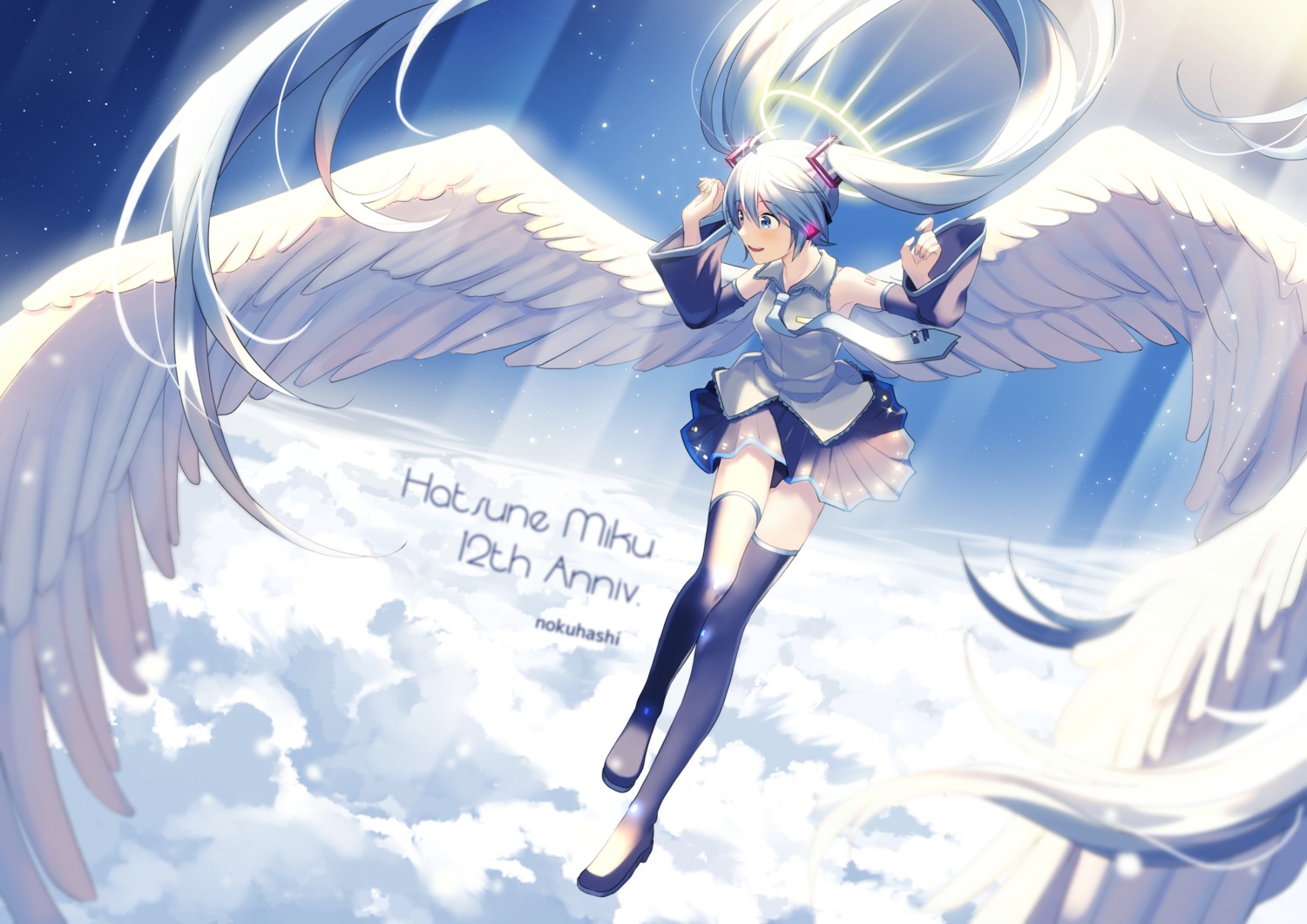 hatsune_miku, headphones, nokuhashi, tattoo, thighhighs, vocaloid, wings