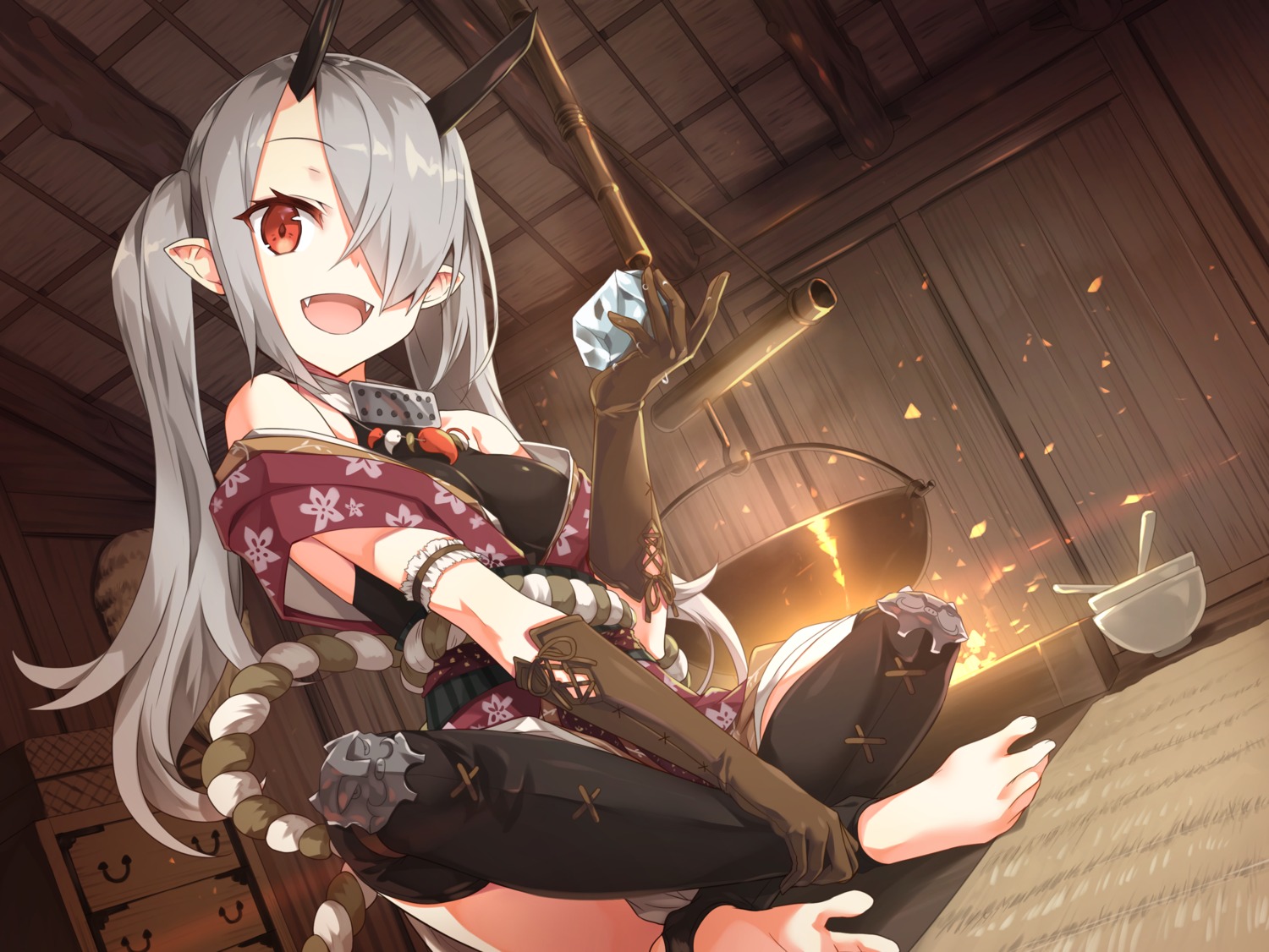 armor, ayakashi_kyoushuutan, cura, horns, japanese_clothes, pointy_ears, thighhighs, whisp