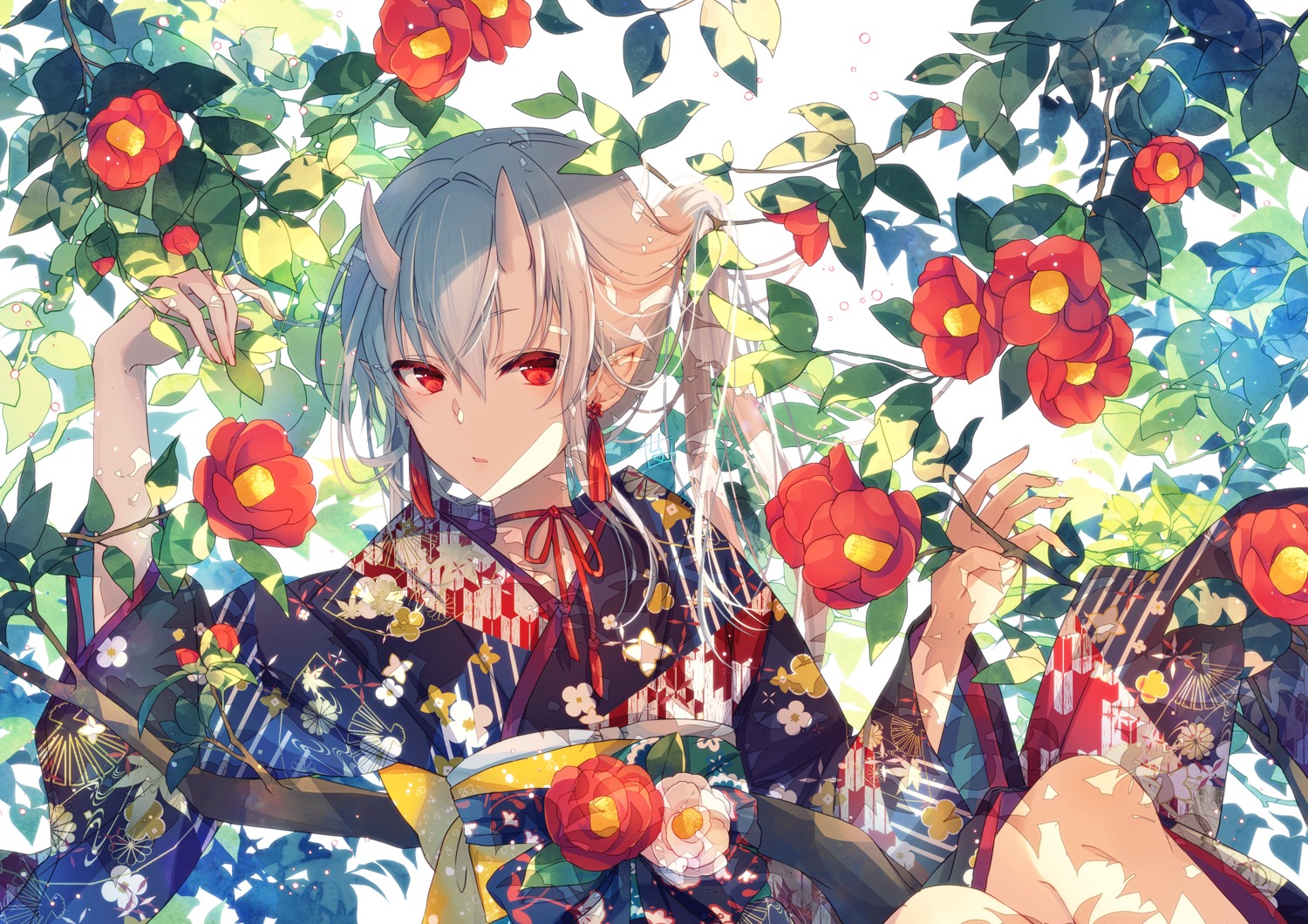 goma_(11zihisin), horns, kimono, pointy_ears