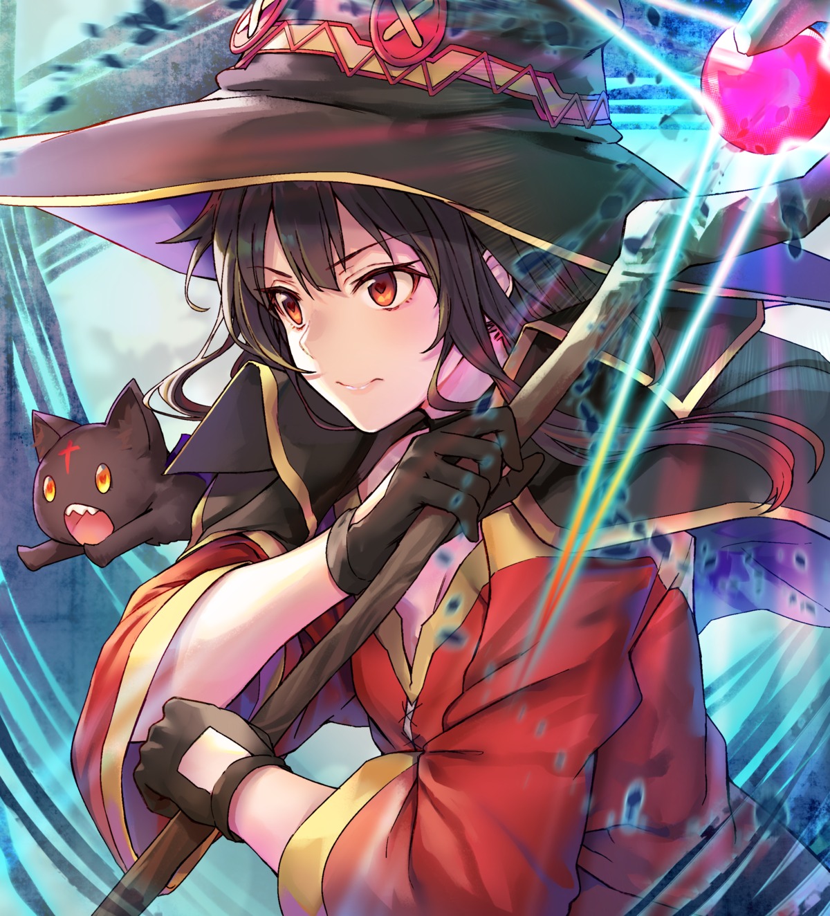 black_cola, chomusuke, kono_subarashii_sekai_ni_shukufuku_wo!, megumin, weapon, witch