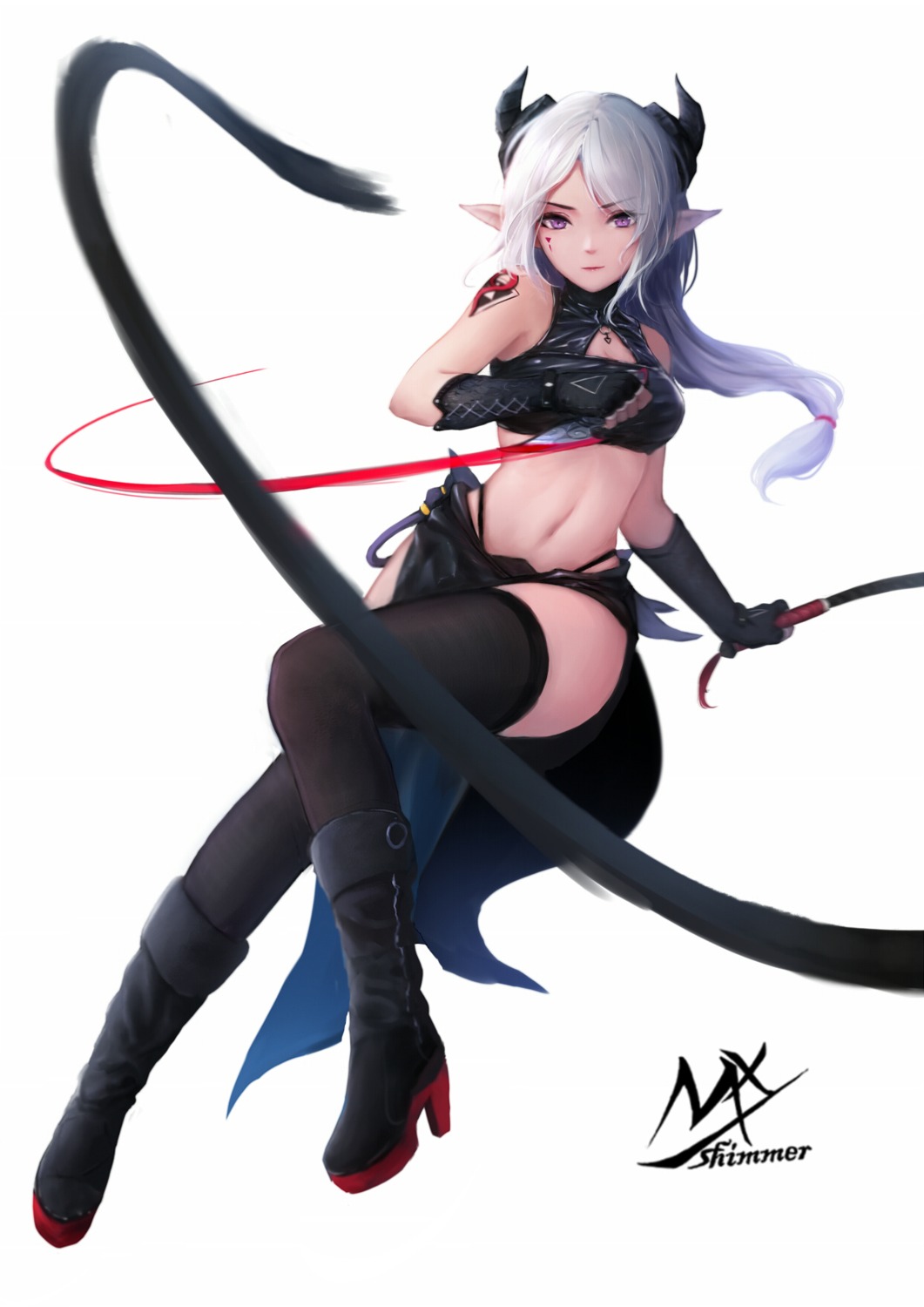 heels, horns, pointy_ears, shimmer, thighhighs, weapon