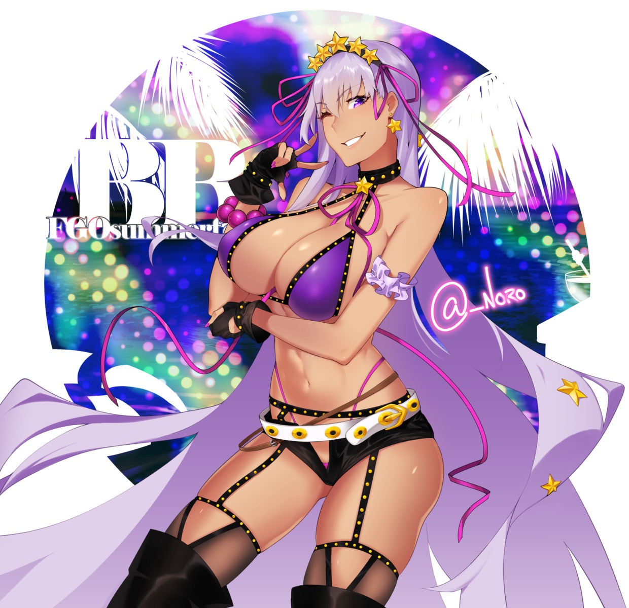 bb_(fate), bikini, fate/grand_order, garter_belt, skelefuku, stockings, swimsuits, thighhighs