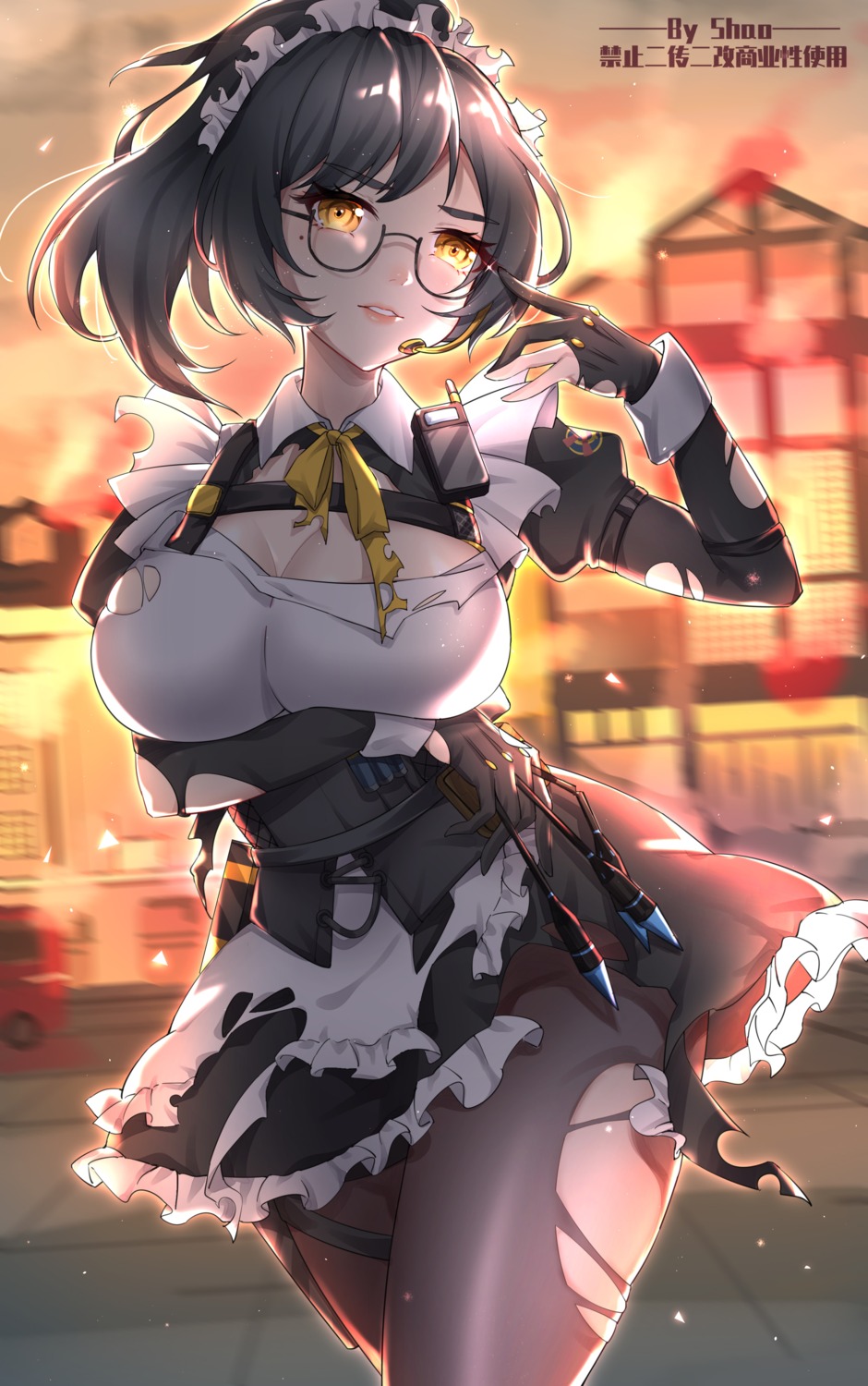 ace_force, cleavage, maid, megane, pantyhose, shao_(shaorouhong), torn_clothes, weapon