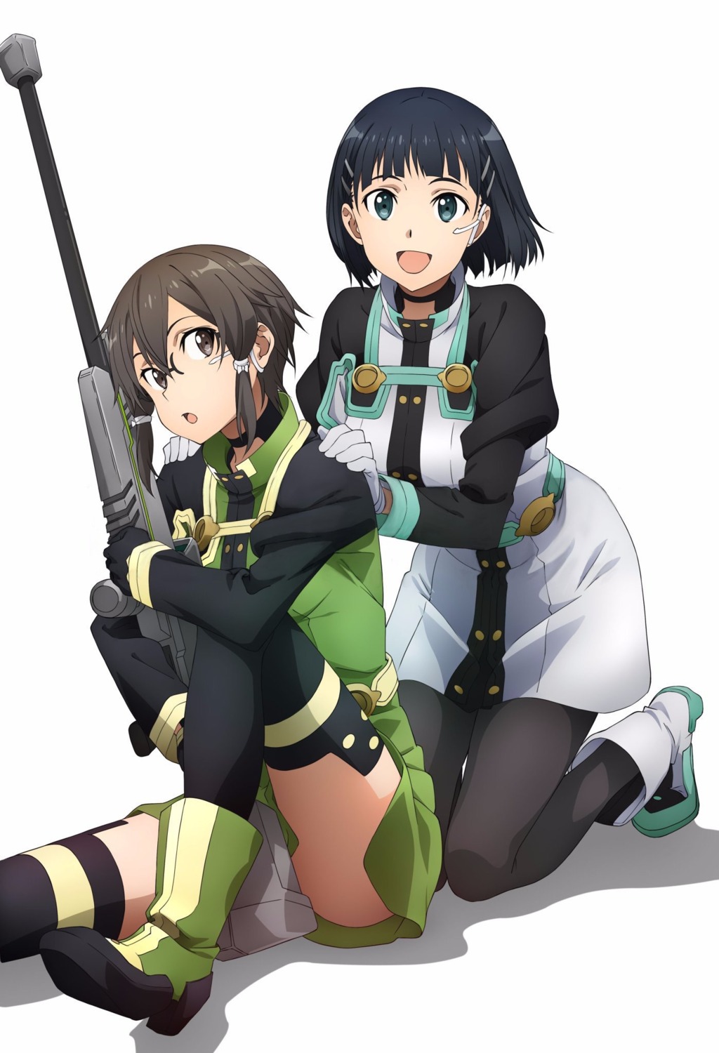 asada_shino, gun, heels, kirigaya_suguha, pantyhose, skirt_lift, sword_art_online, sword_art_online_ordinal_scale