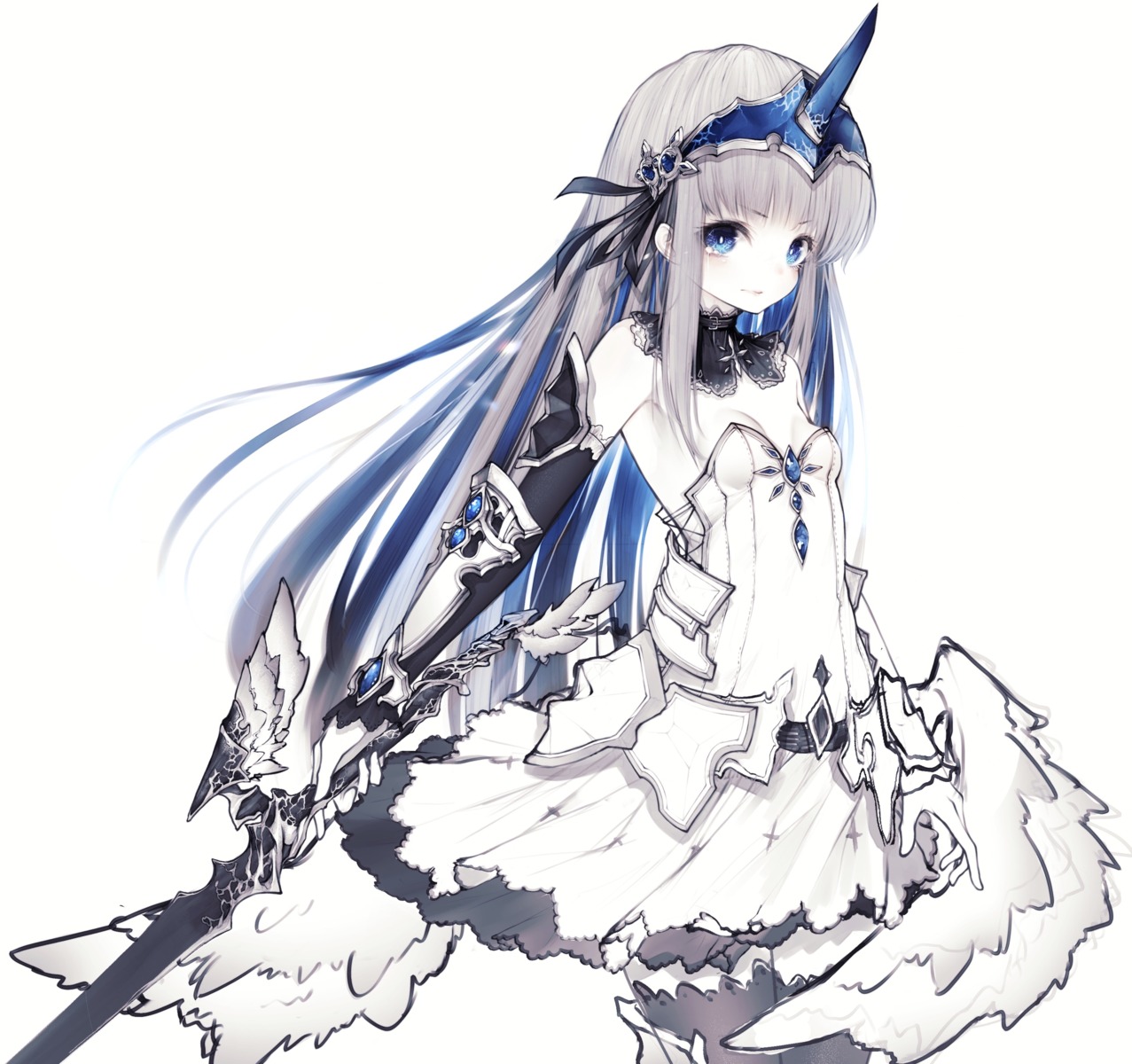 armor, cleavage, crystar, dress, hito_komoru, horns, monochrome, sword