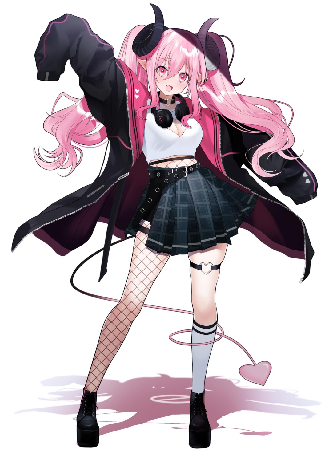 cleavage, fishnets, garter, headphones, horns, pointy_ears, pomu_(pomu_me), tail