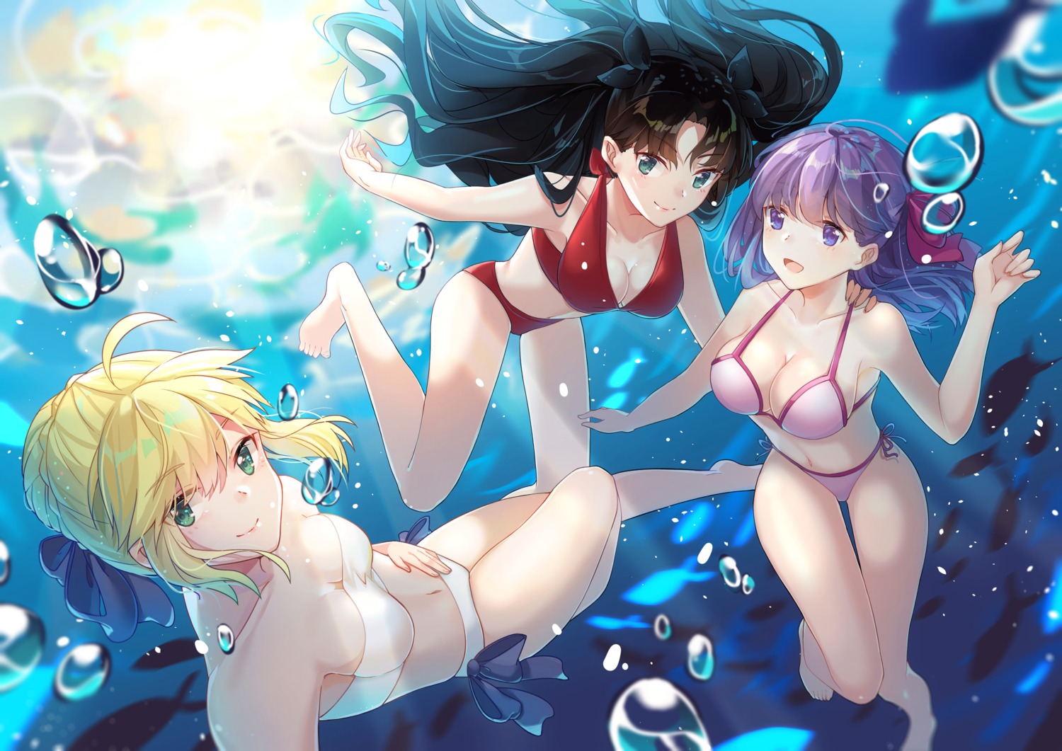 artoria_pendragon_(fate), bikini, cleavage, fate/stay_night, kotatsu_kaya, matou_sakura, swimsuits, toosaka_rin