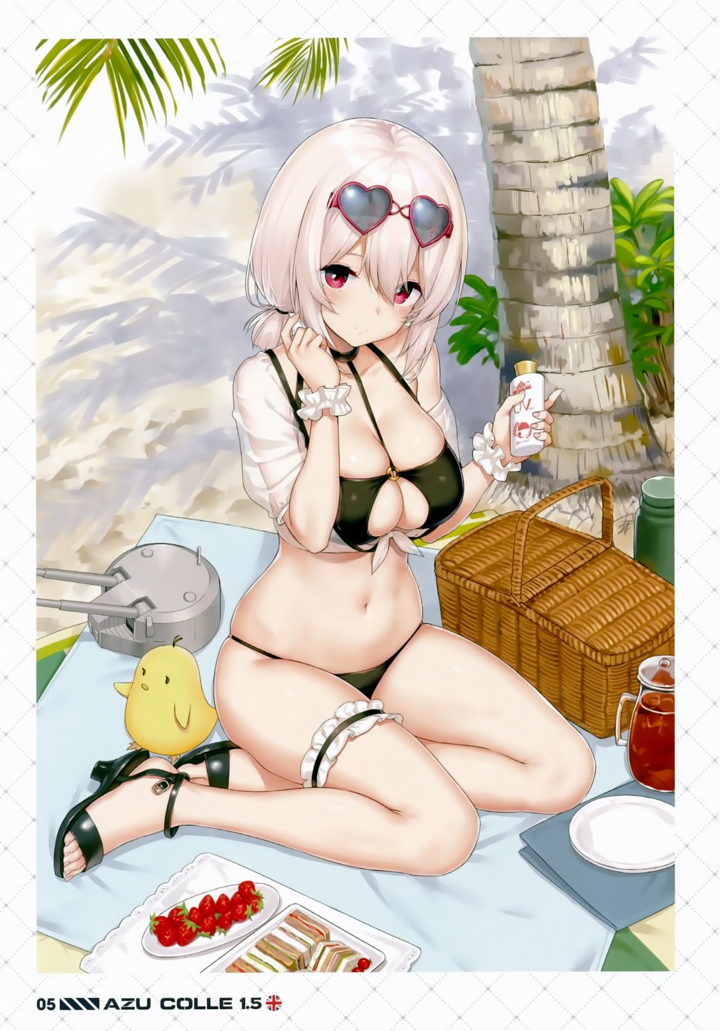 azur_lane, bikini, cleavage, garter, heels, jenova_cake, manjuu_(azur_lane), megane, sirius_(azur_lane), swimsuits, takayaki