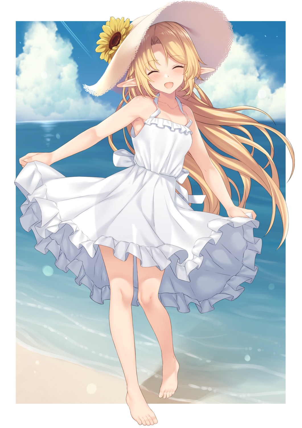 dress, elf, enjo_kouhai, iris_tia_aederlinde, pointy_ears, see_through, skirt_lift, summer_dress, takunomi
