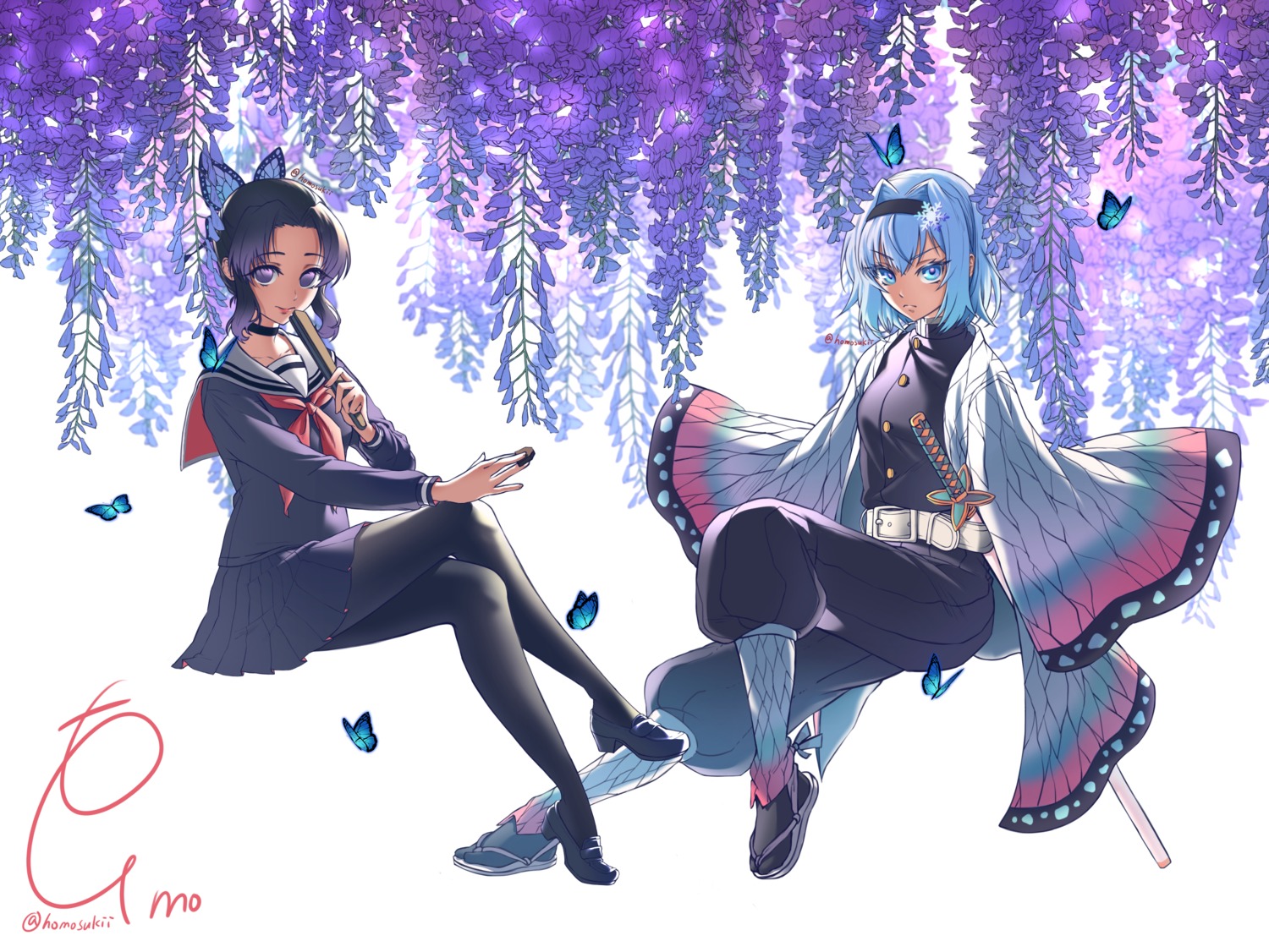 cosplay, crossover, fumo_(homosukii), kimetsu_no_yaiba, kochou_shinobu, pantyhose, ryuuou_no_oshigoto!, seifuku, sora_ginko, sword