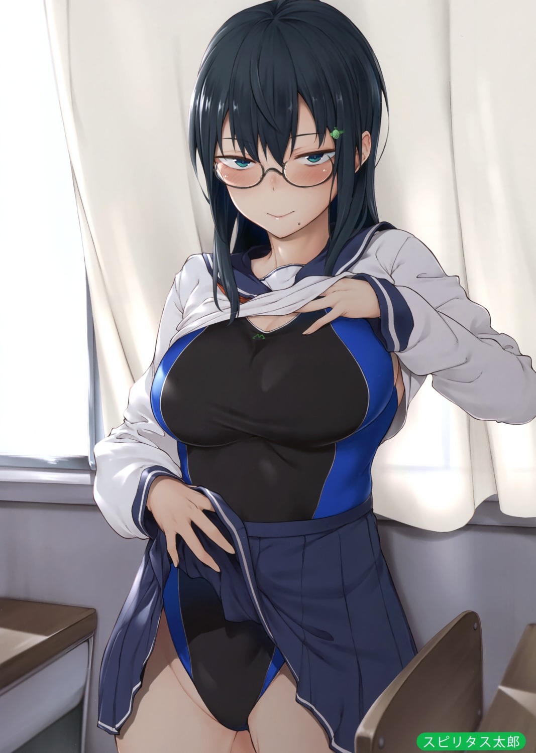 megane, melonbooks, school_swimsuit, seifuku, shirt_lift, skirt_lift, spirytus_tarou, swimsuits