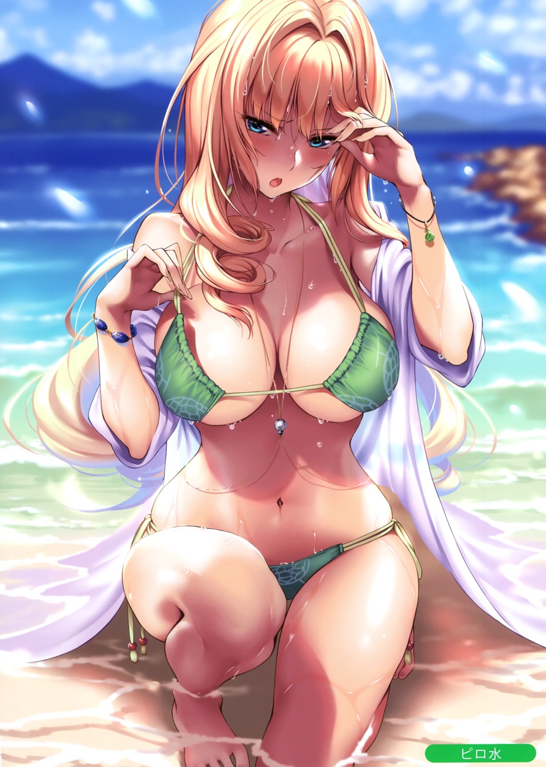 bikini, hanikami_kanojo, melonbooks, open_shirt, piromizu, shoudou_erena, swimsuits, underboob, wet