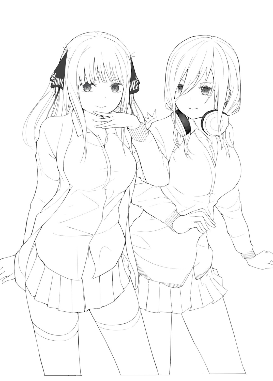 5-toubun_no_hanayome, headphones, monochrome, nakano_miku, nakano_nino, pjkka, seifuku, sketch