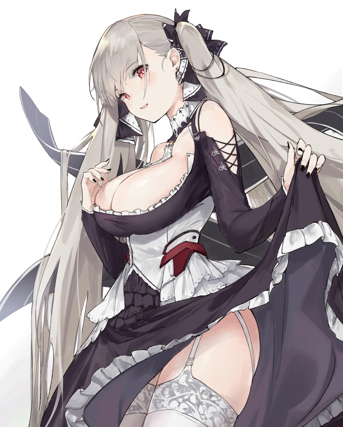 azur_lane, bk201, breast_hold, cleavage, formidable_(azur_lane), gothic_lolita, lolita_fashion, no_bra, skirt_lift, stockings, thighhighs