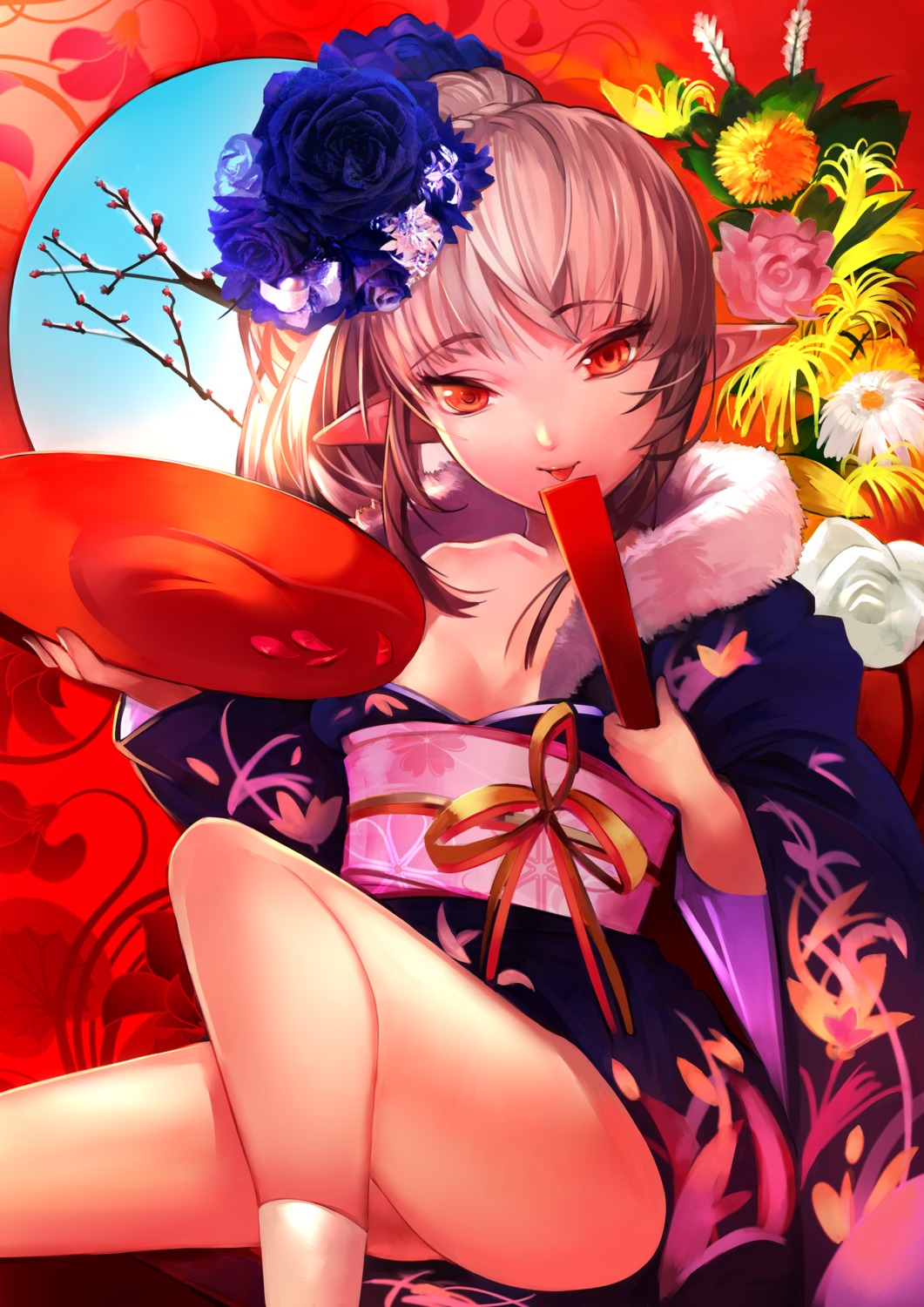 kimono, no_bra, open_shirt, pointy_ears, tahnya