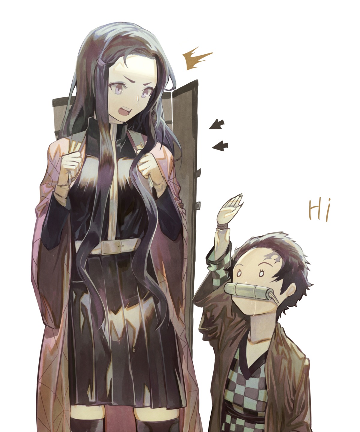 gyudong123, kamado_nezuko, kamado_tanjirou, kimetsu_no_yaiba, thighhighs