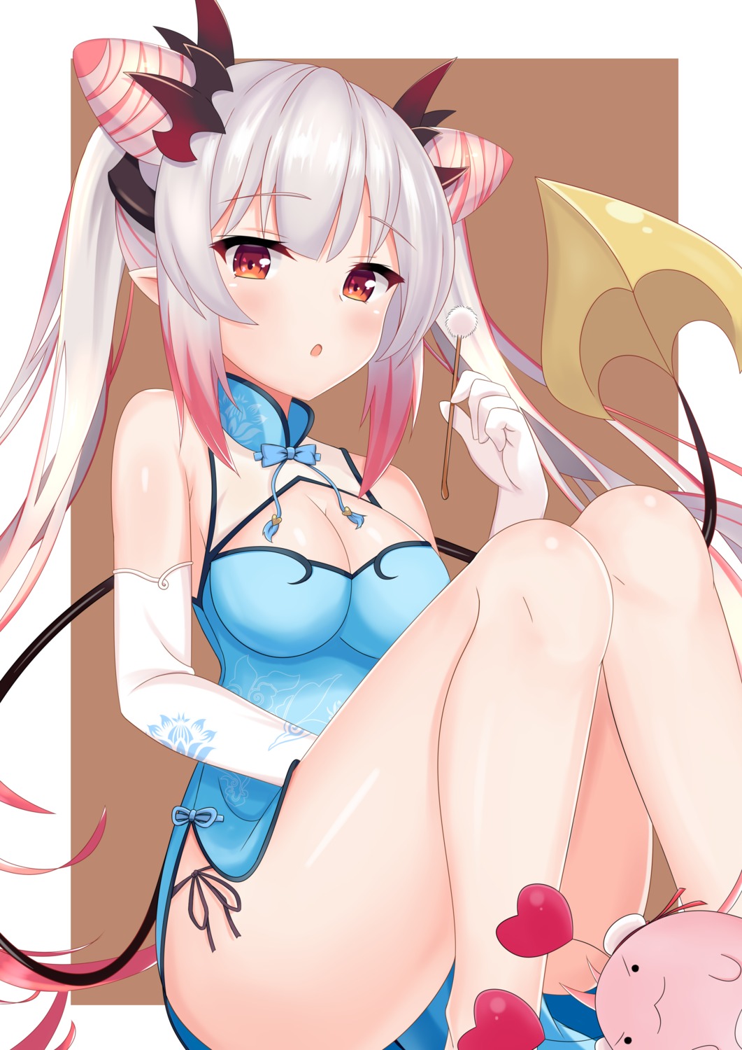 chinadress, cleavage, honey_strap, nanashi_inc., pantsu, pointy_ears, string_panties, suou_patra, tail, xingyexiao