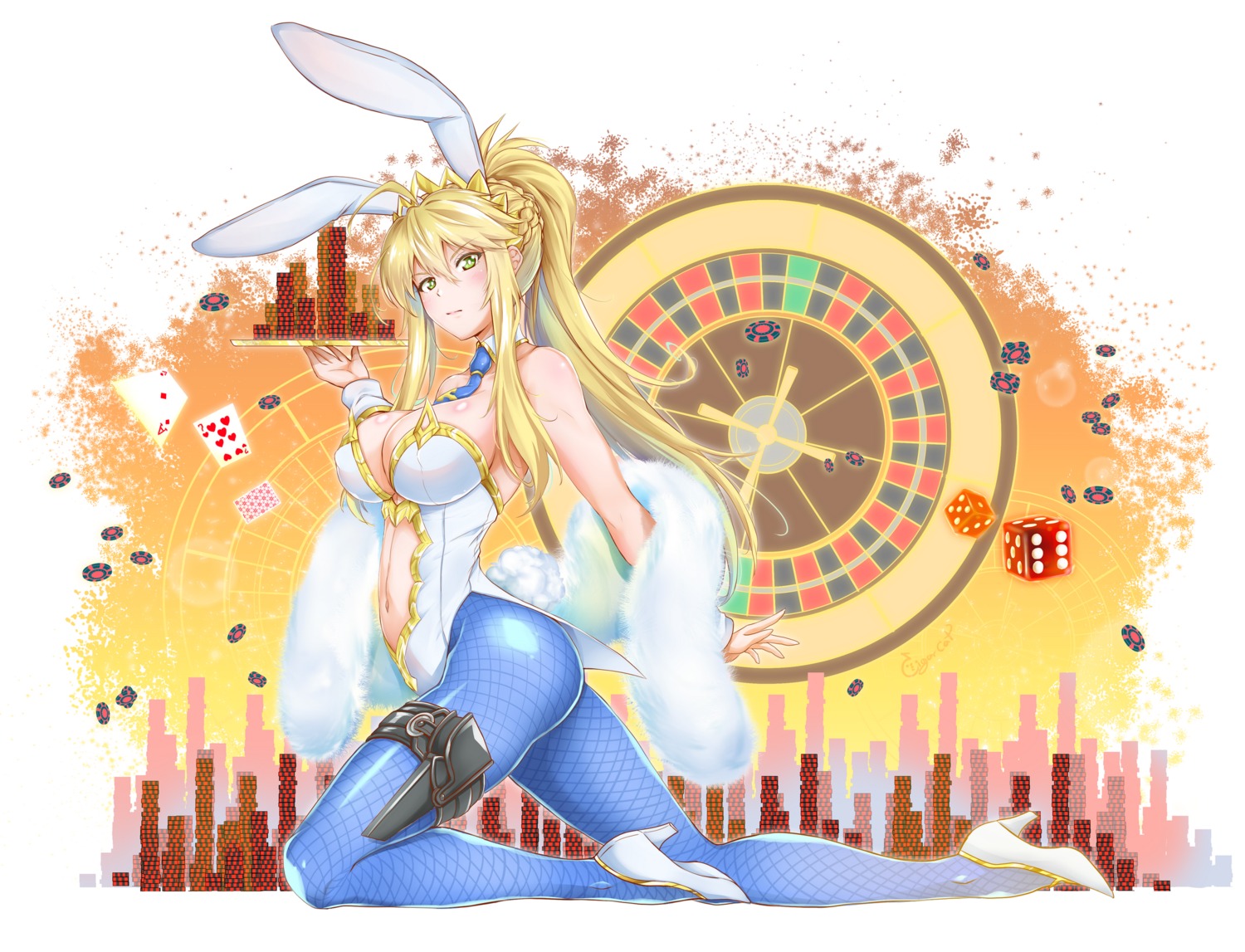 animal_ears, artoria_pendragon_(fate), bunny_ears, bunny_girl, cigar_cat, cleavage, fate/grand_order, fishnets, garter, heels, no_bra, pantyhose
