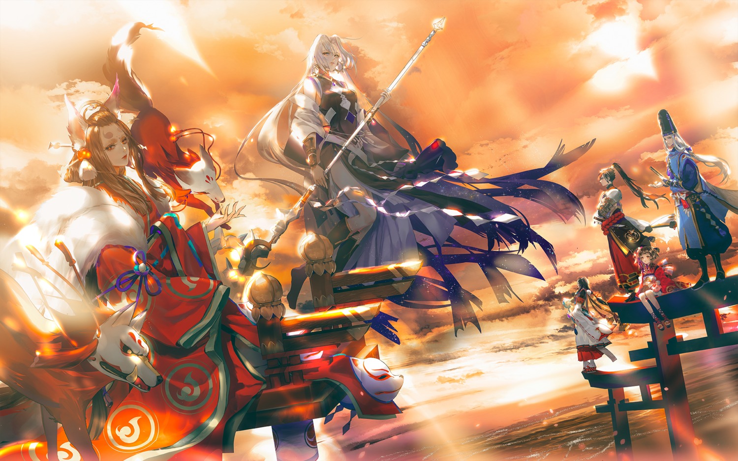 abe_no_seimei_(onmyouji), animal_ears, japanese_clothes, kagura_(onmyouji), onmyouji, say_hana, wallpaper, weapon