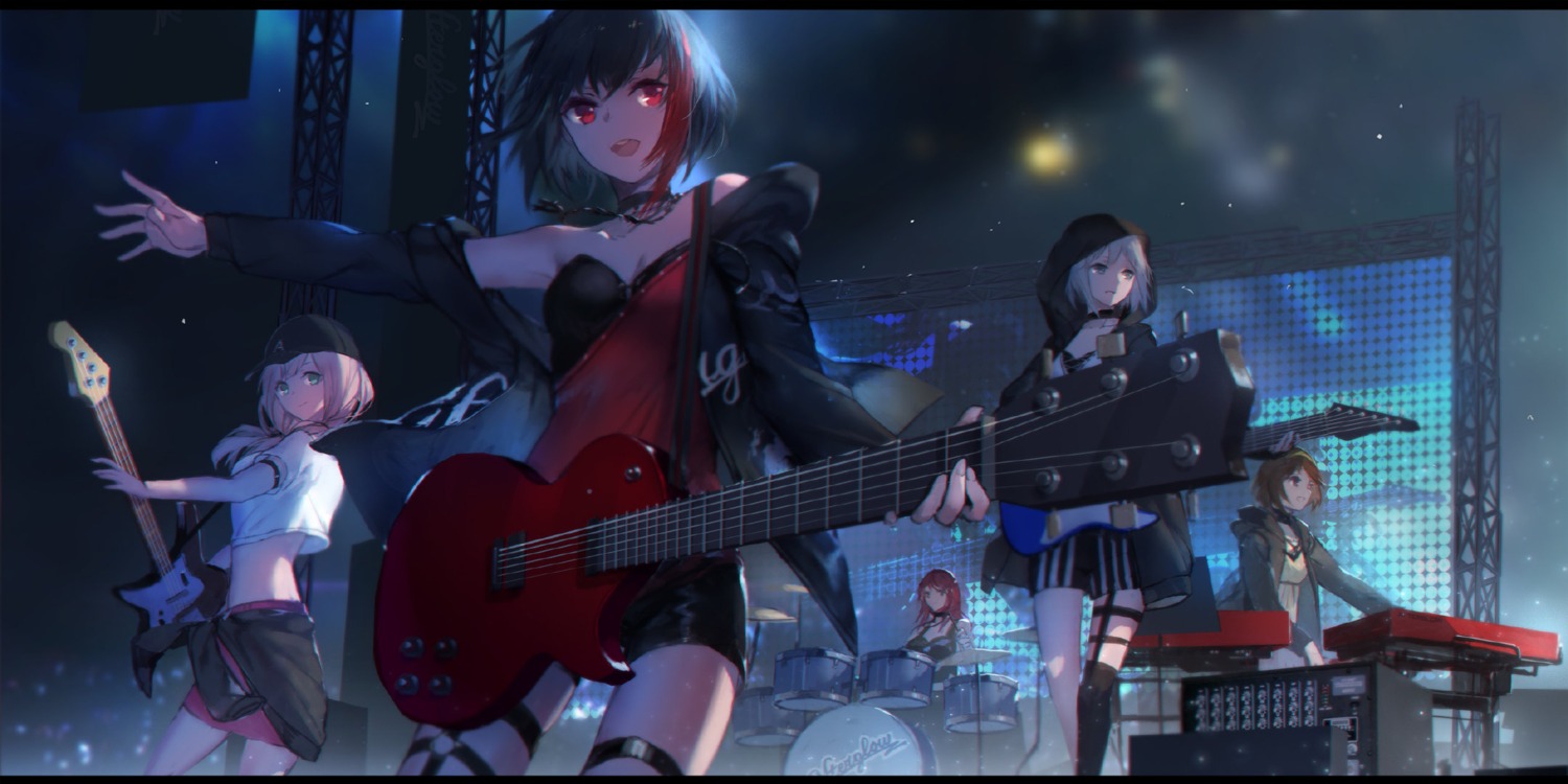 aoba_moca, bang_dream!, cleavage, garter, guitar, hazawa_tsugumi, mitake_ran, stockings, swd3e2, thighhighs, udagawa_tomoe, uehara_himari