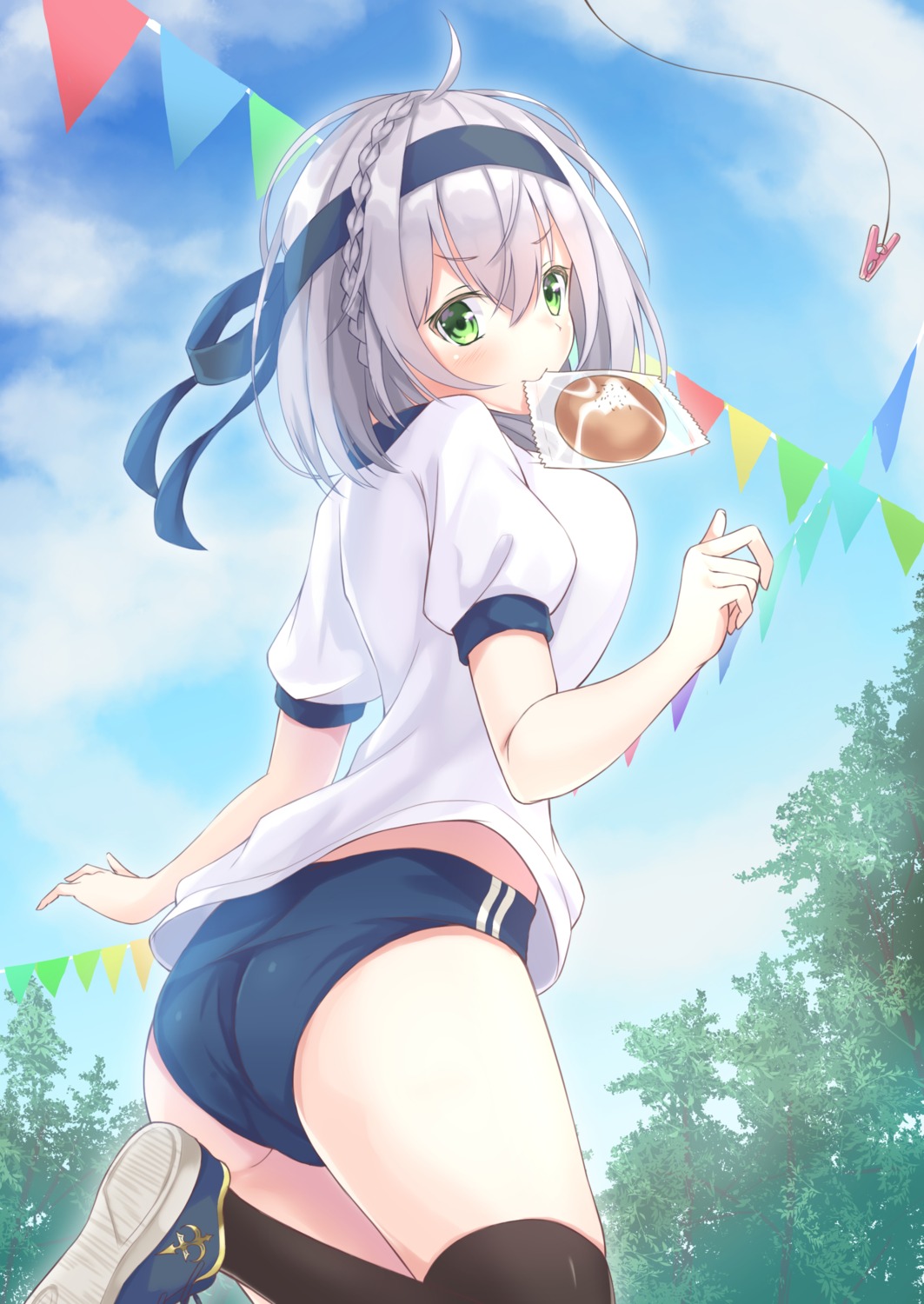 ass, buruma, gym_uniform, hololive, kugatsu_tooka, shirogane_noel, thighhighs
