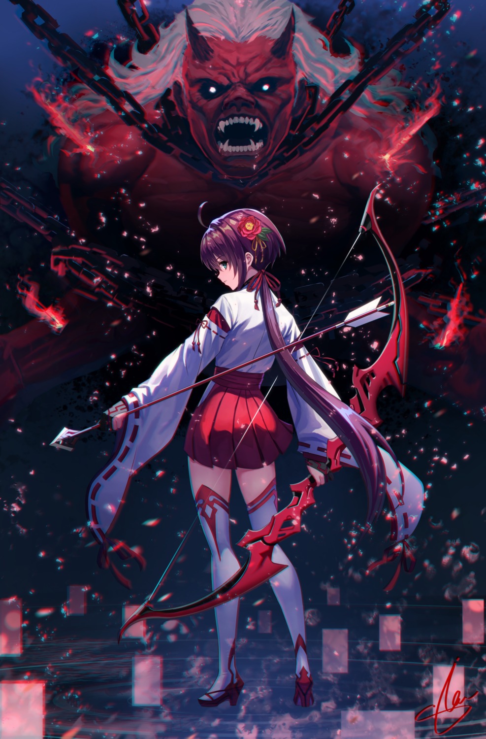 heels, miko, monster, sion_(9117), thighhighs, weapon