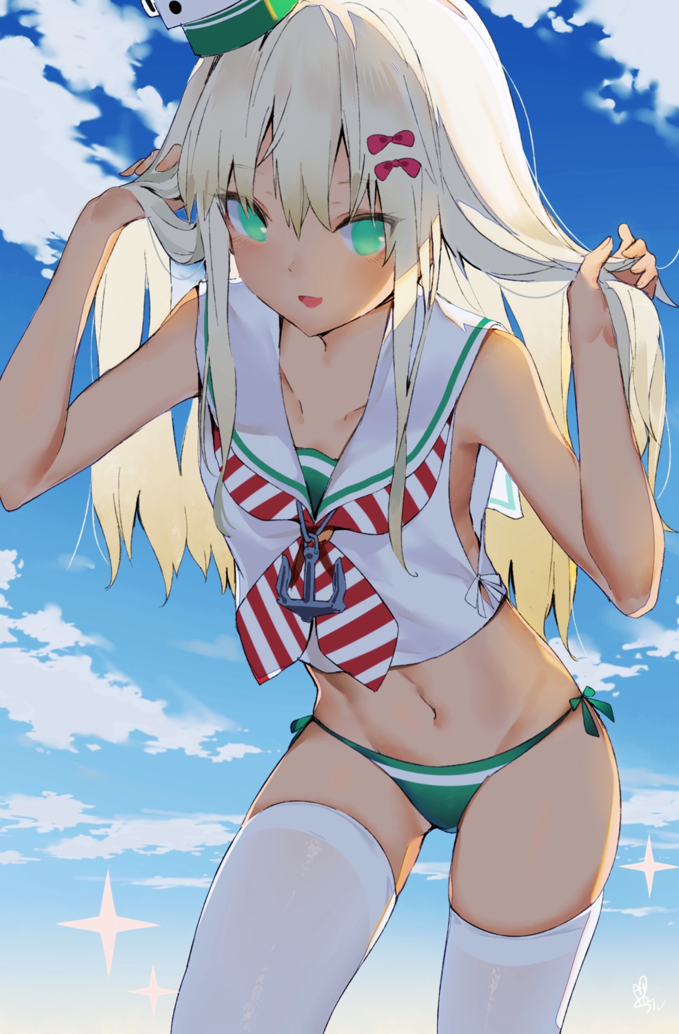 artist_revision, bikini, grecale_(kancolle), kantai_collection, no_bra, seifuku, swimsuits, thighhighs, yamano_(yamanoh)