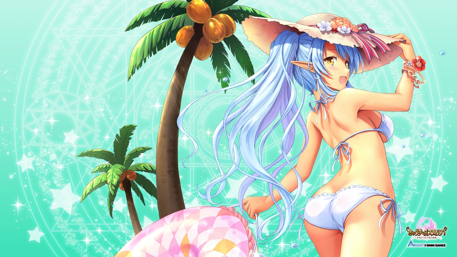 ass, august, bikini, dmm_games, elf, iris_mysteria!_~shoujo_no_tsumugu_yume_no_hiseki~, natsuno_io, pointy_ears