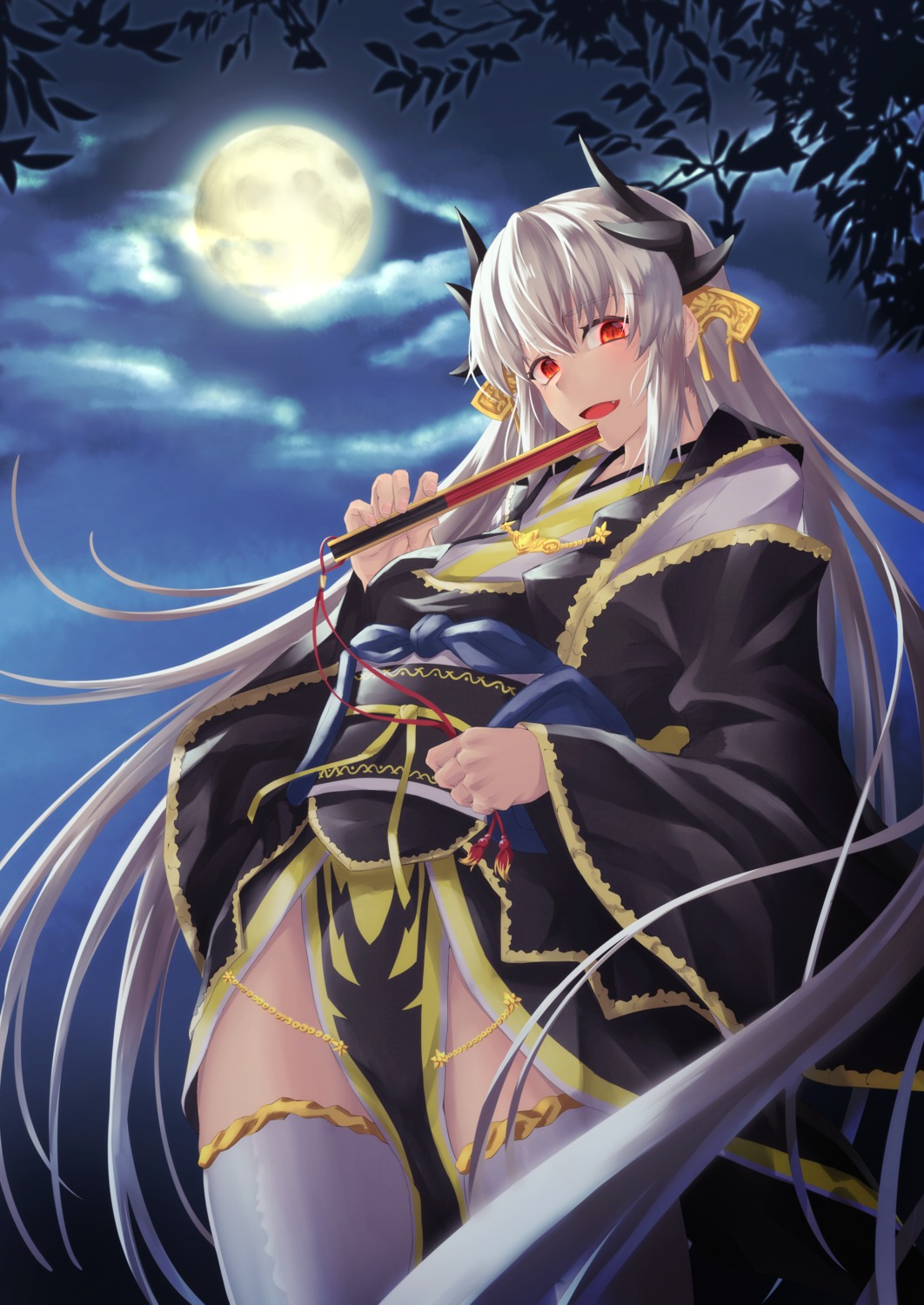 fate/grand_order, horns, japanese_clothes, kiyohime_(fate), kuromu, thighhighs