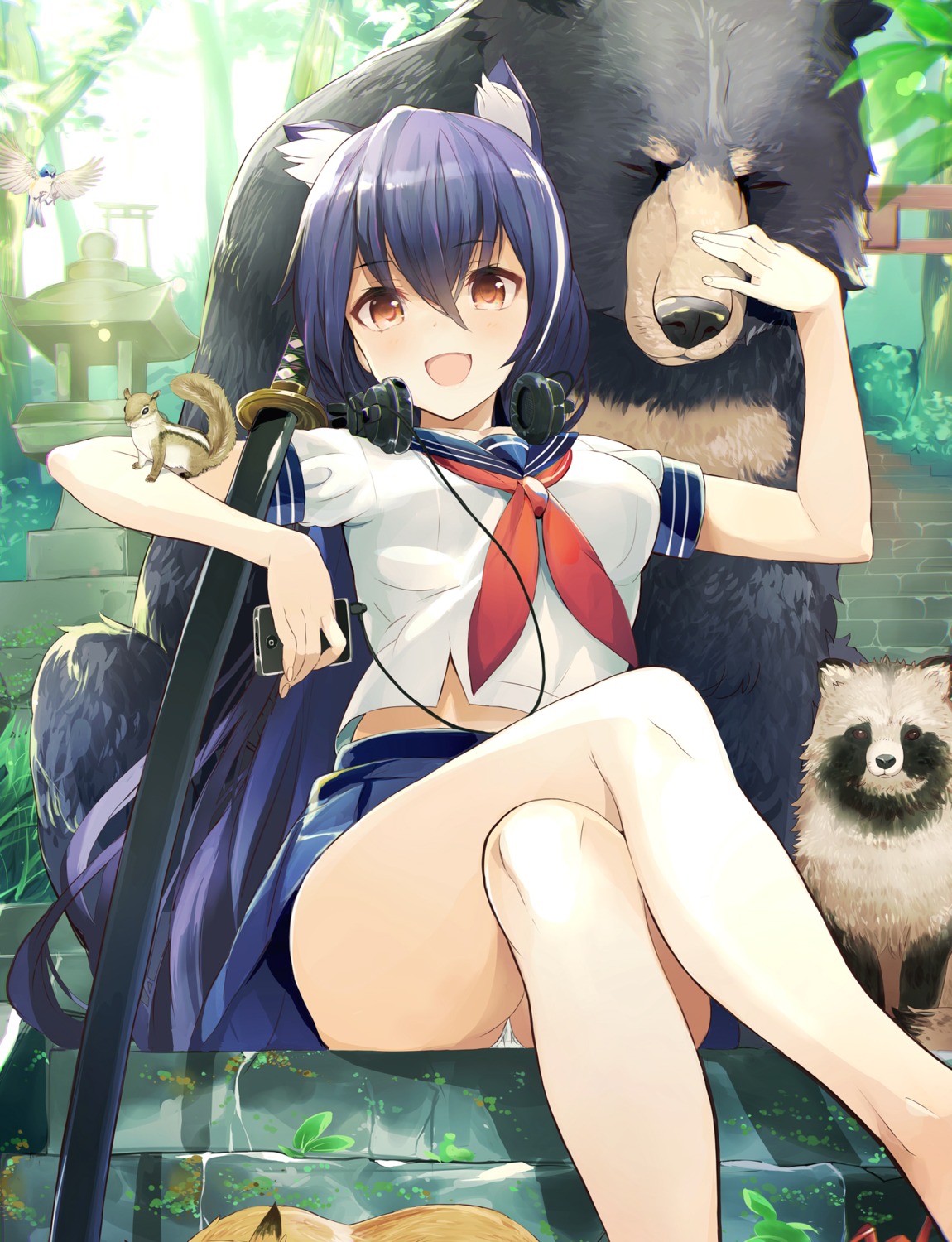 animal_ears, ashigara_(azur_lane), azur_lane, headphones, pantsu, seifuku, skirt_lift, sword