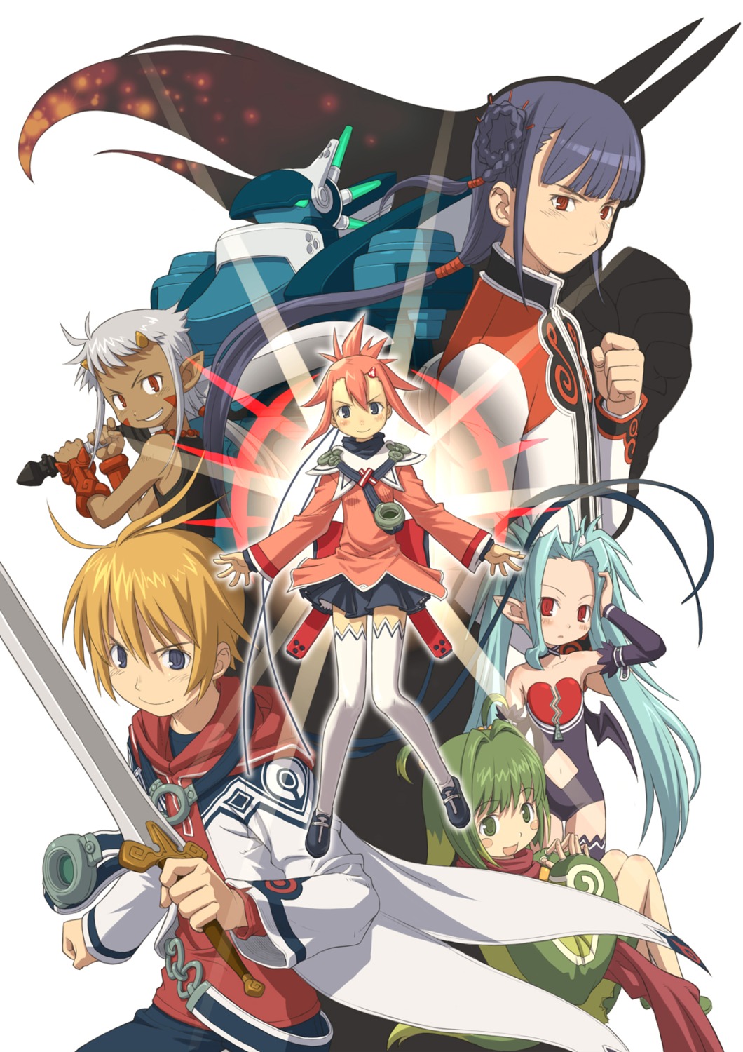 air_colthearts, animal_ears, arno, devil, dina, edge_colthearts, horns, inumimi, leki, leotard, mecha, ootsuka_shinichirou, ryouga, summon_night, summon_night:_craft_sword_monogatari_2, sword, tail, thighhighs, wings, y-xe-ld