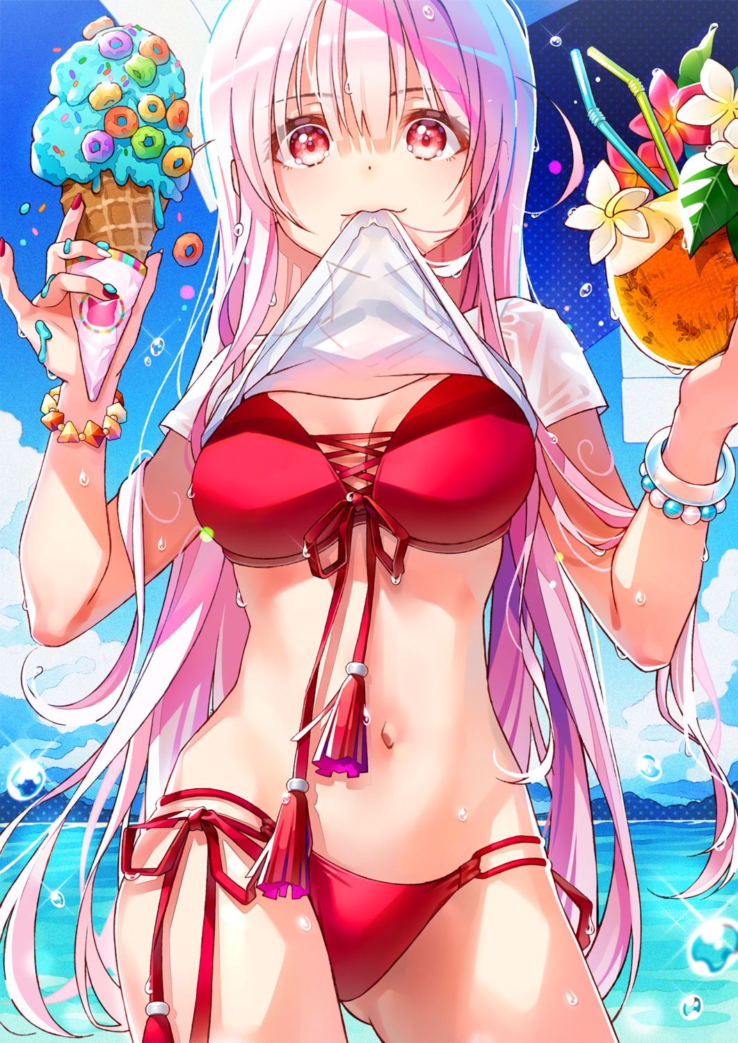 bikini, cleavage, girls_frontline, je35353577, see_through, shirt_lift, swimsuits, ukm-2000_(girls_frontline)