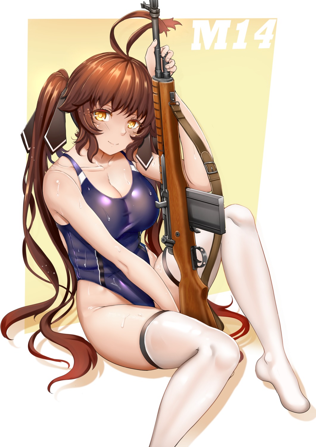 chiyo_goya, cleavage, girls_frontline, gun, m14_(girls_frontline), swimsuits, thighhighs