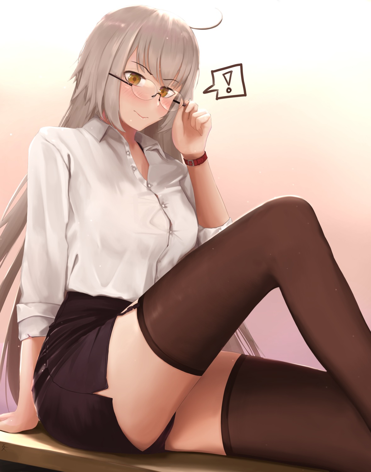 dress_shirt, eko.art, fate/grand_order, jeanne_d'arc, jeanne_d'arc_alter_(fate), megane, stockings, thighhighs