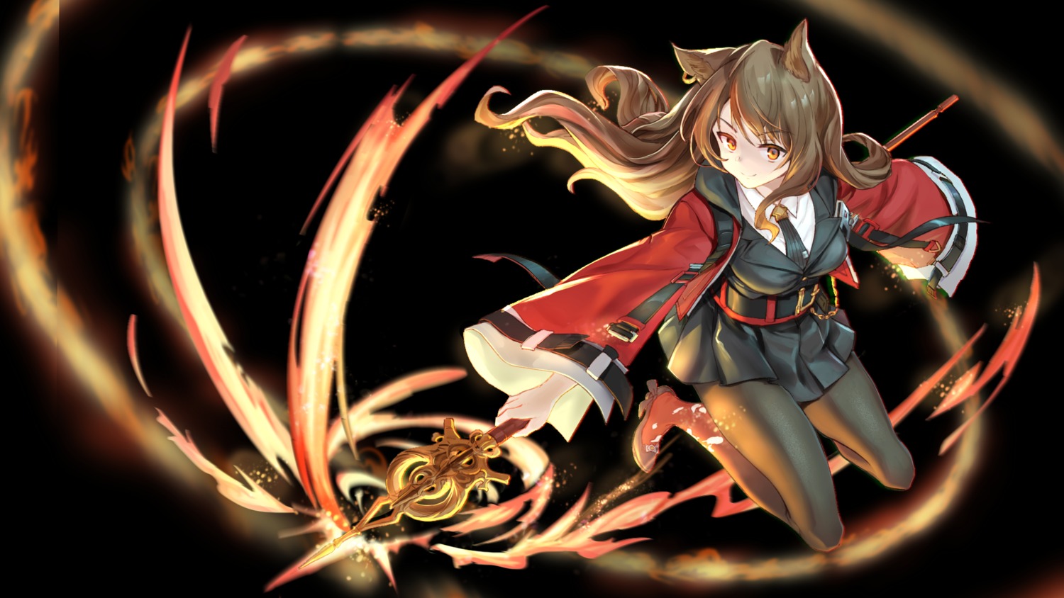 animal_ears, arknights, heels, pantyhose, rina_(shen4705498), skyfire_(arknights), uniform, weapon