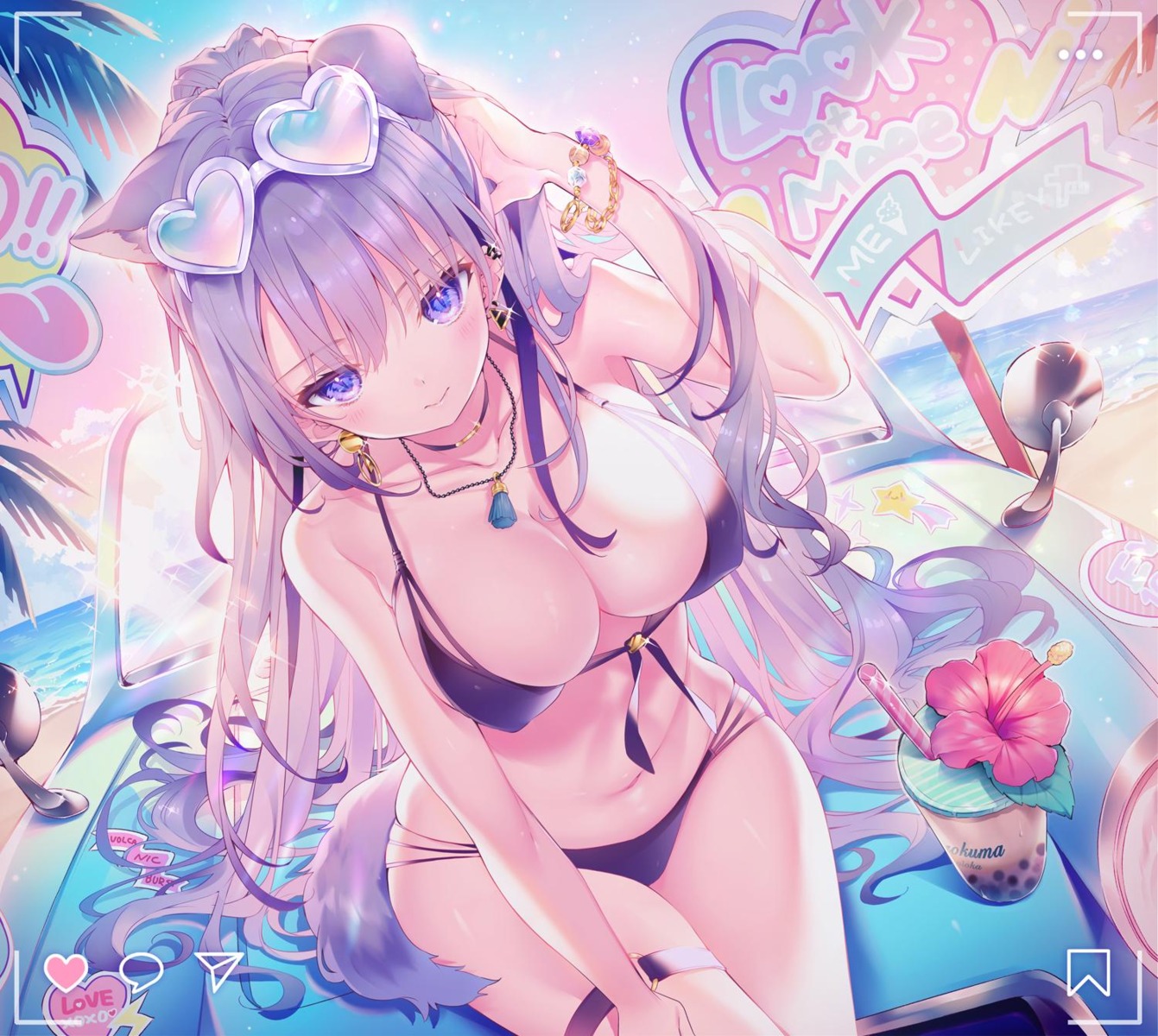 animal_ears, bikini, cleavage, erect_nipples, garter, kurokuma_(kuro_kumagaya), nekomimi, swimsuits, tail