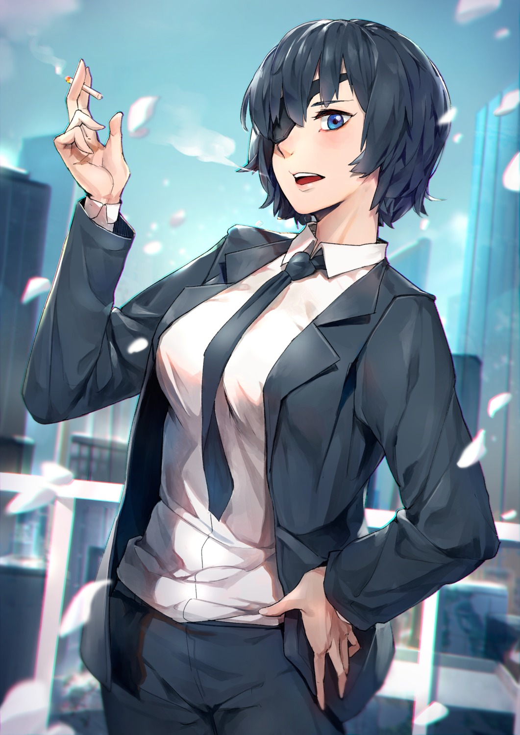 business_suit, chainsaw_man, eyepatch, himeno_(chainsaw_man), mr.lime, smoking