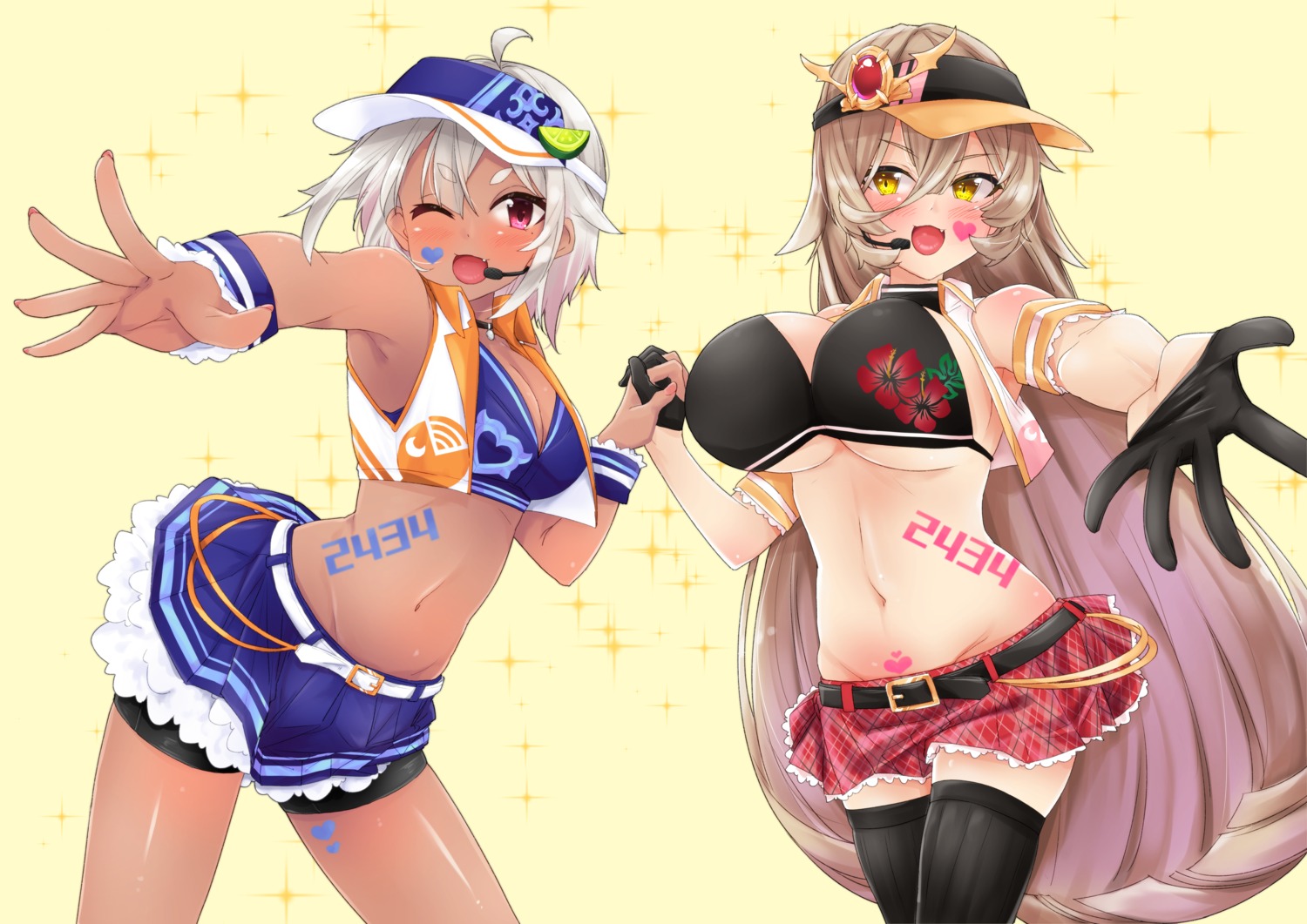 bike_shorts, bikini_top, cleavage, hayama_marin, itou_ayachi, nijisanji, nui_sociere, open_shirt