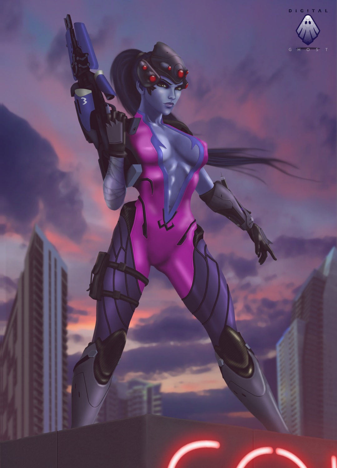 bandages, bodysuit, cleavage, digitalghost, gun, no_bra, overwatch, possible_duplicate