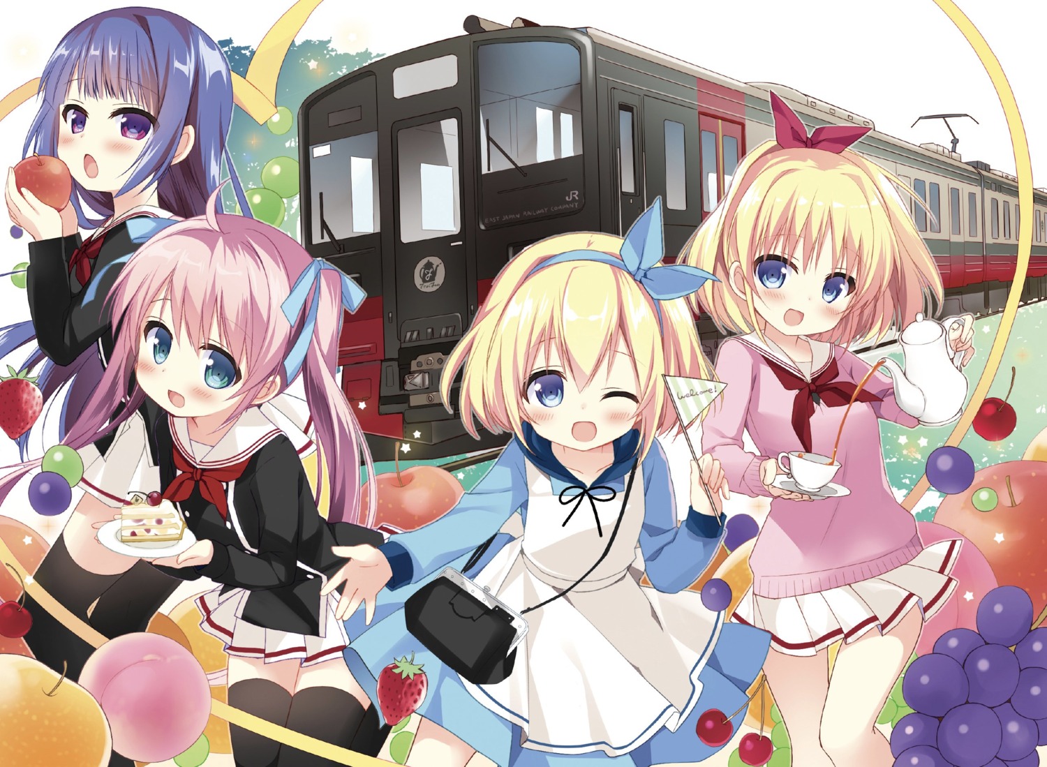 dress, hatsukoi*rail_trip, hoshimatsuri_towa, miyazawa_mahiro, miyazawa_mikage, nagayama_yuunon, seifuku, skirt_lift, sweater, tenman_sora, thighhighs
