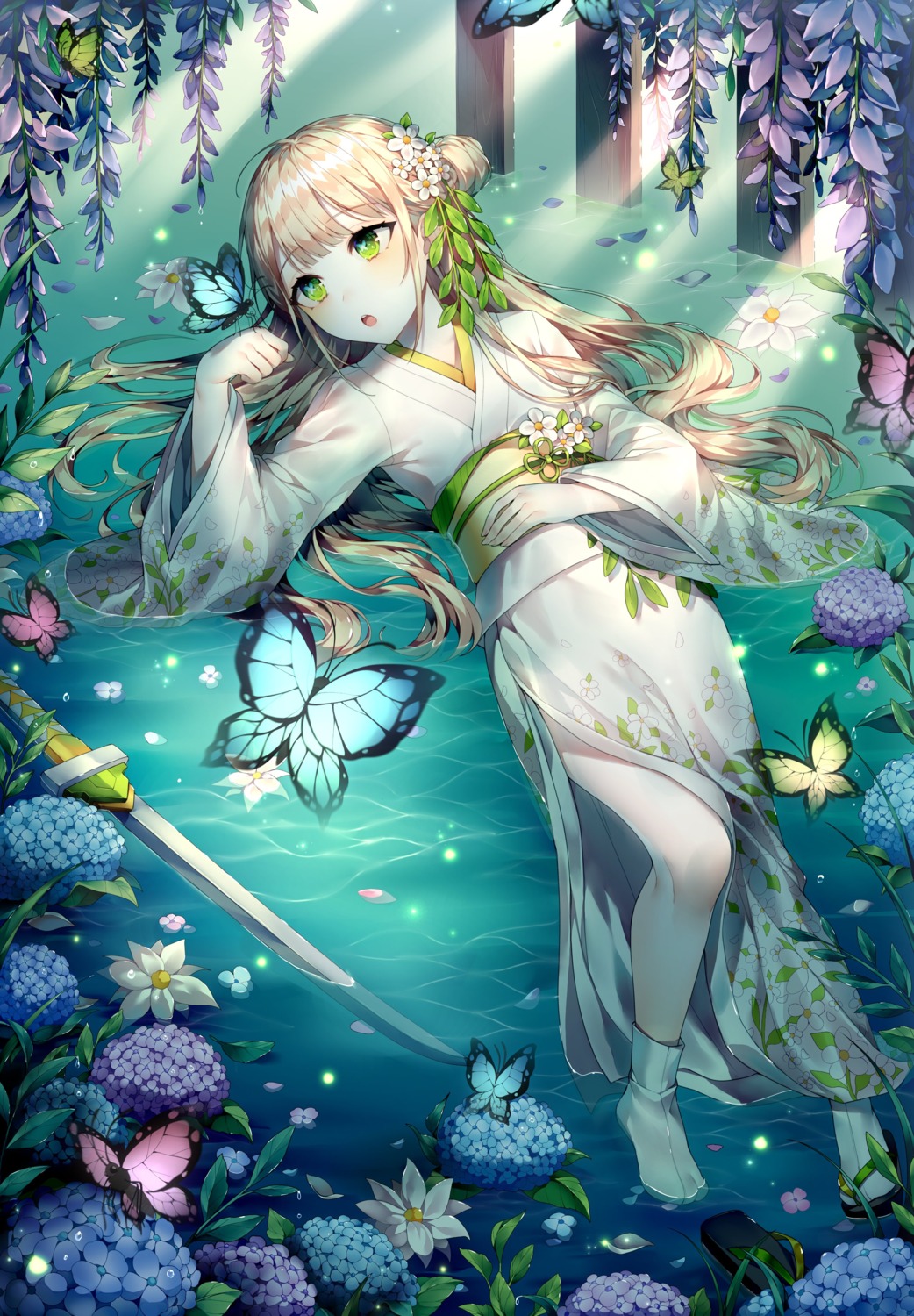 ha_youn, kimono, sword, wet