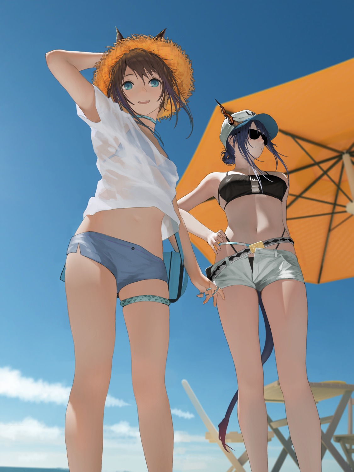 amiya_(arknights), animal_ears, arknights, bikini, bikini_top, bunny_ears, ch'en_(arknights), garter, horns, megane, see_through, swimsuits, tacshojosora, tail