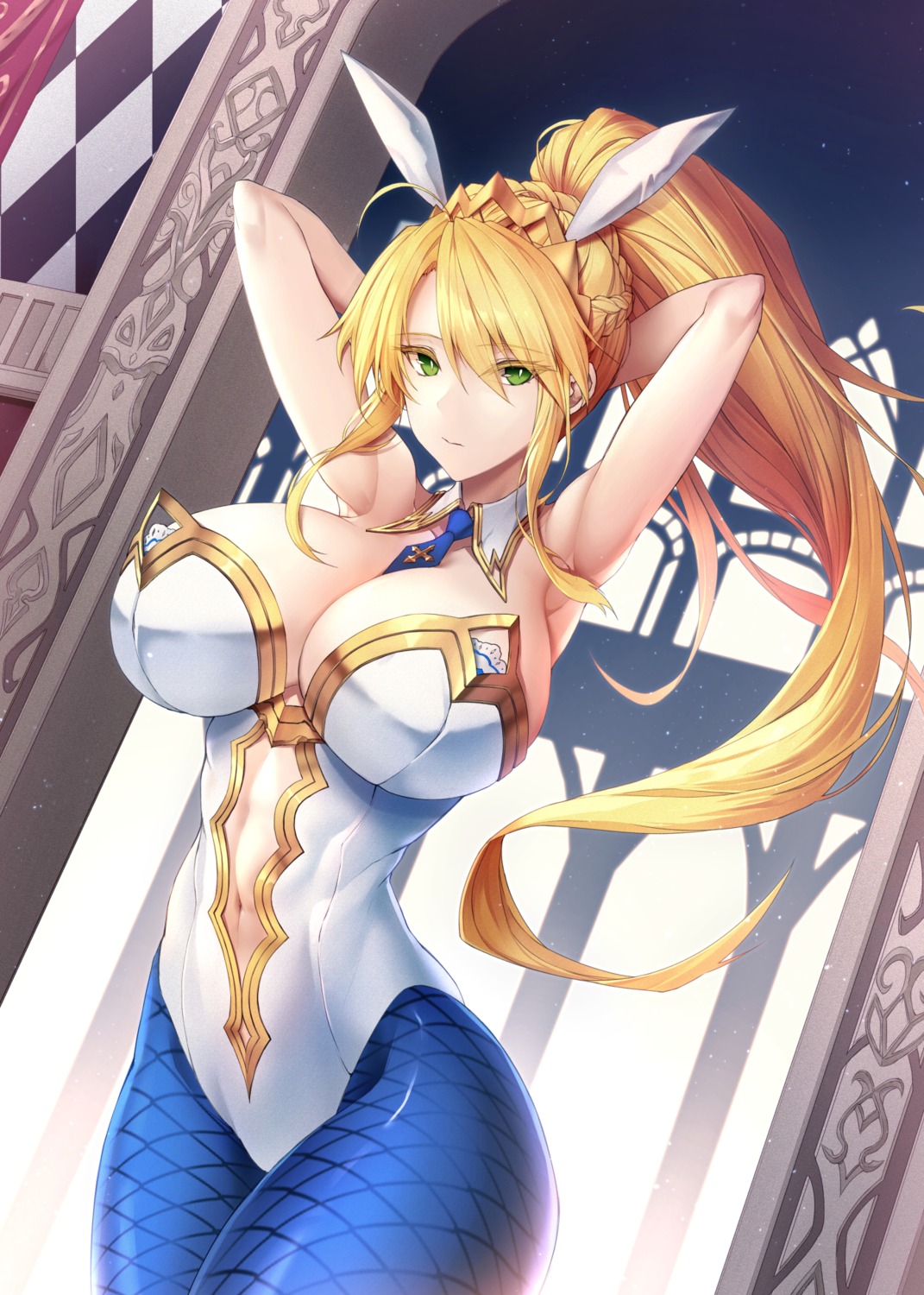 animal_ears, artoria_pendragon_(fate), bunny_ears, bunny_girl, cleavage, fate/grand_order, fishnets, limeblock