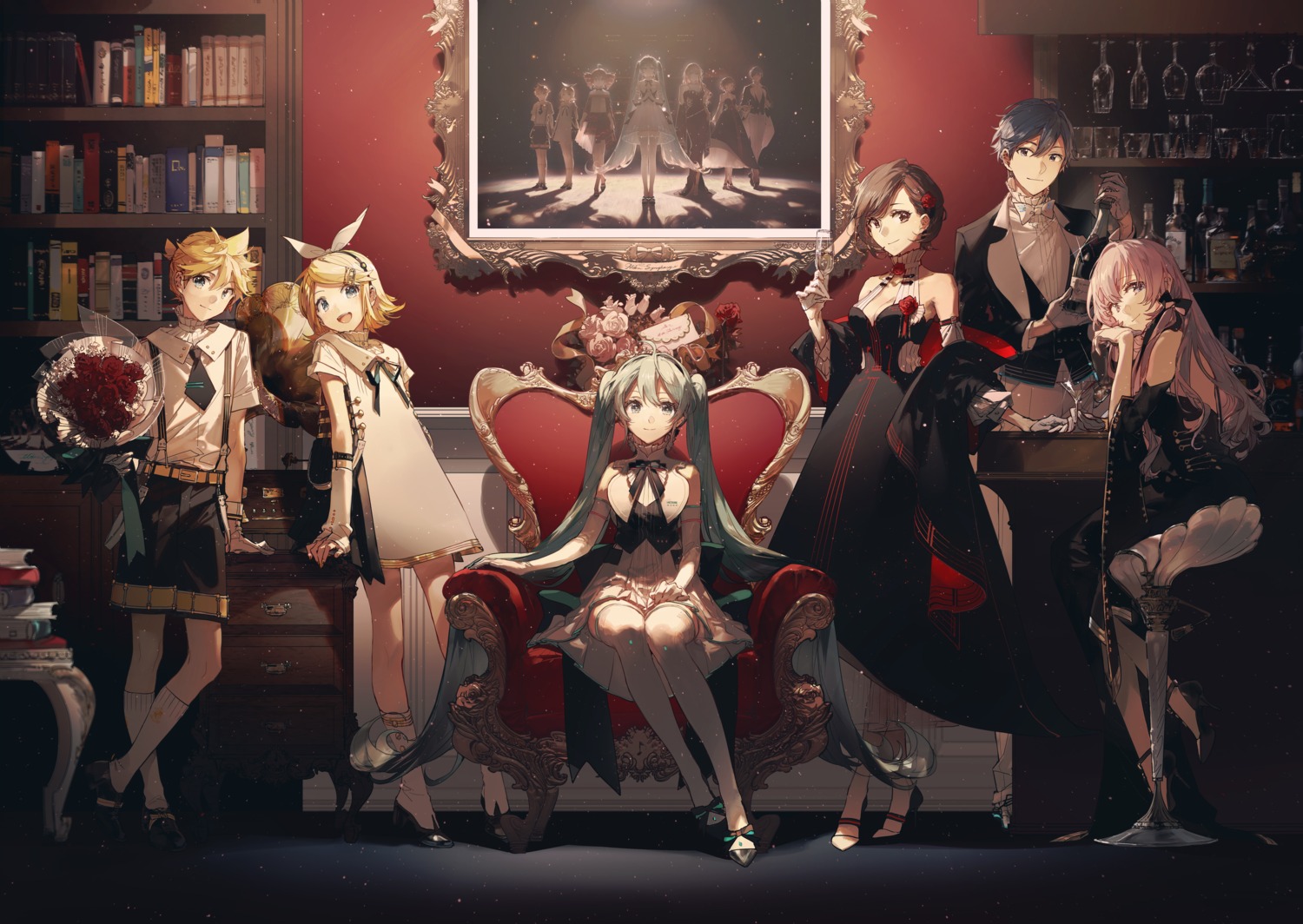 cleavage, dress, hatsune_miku, hatsune_miku_symphony, heels, kagamine_len, kagamine_rin, kaito